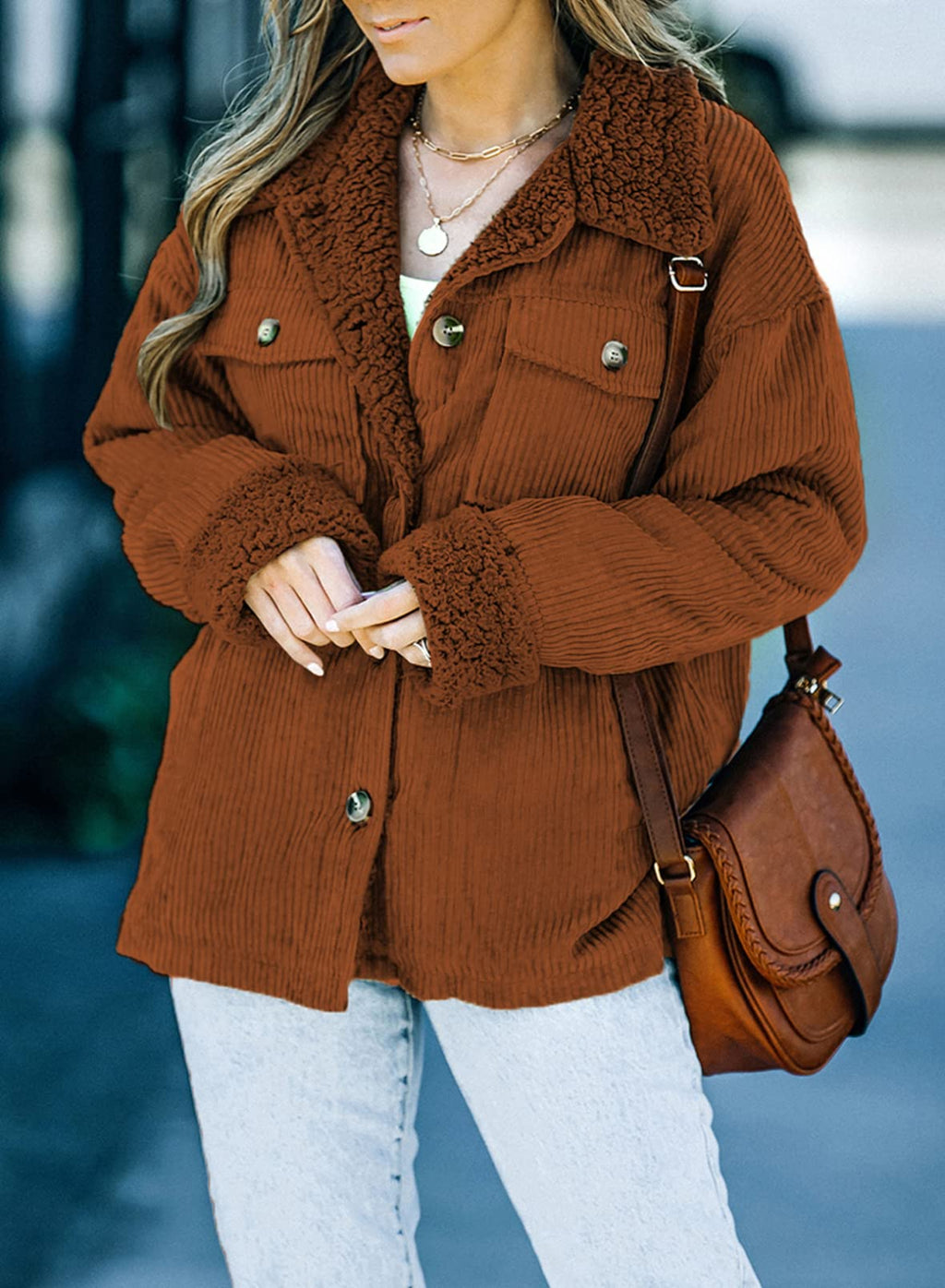 Dokotoo Corduroy Sherpa Jacket for Women Button Down Fleece Fur Collar Winter Warm Coat