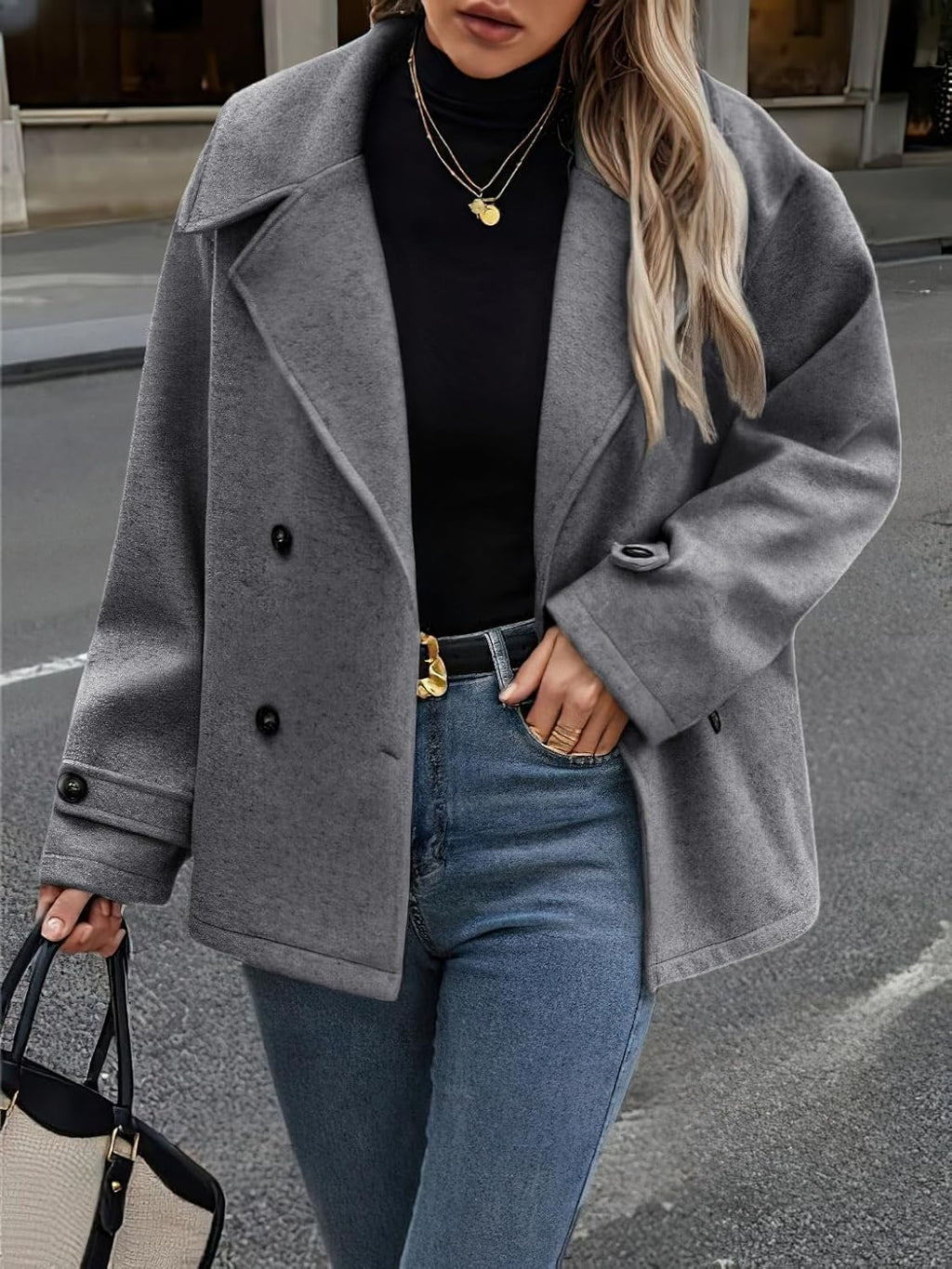 CHOUYATOU Women's Winter Loose Fit Cropped Wool Coat Double Breasted Dressy Short Blazer Jacket Peacoat