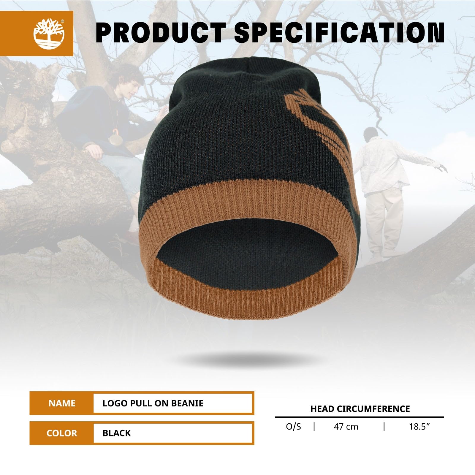 Timberland Men’s Logo Pull-On Beanie - Soft Ribbed Knit Winter Hat, Jacquard Tree Design, Warm Stretch Fit for Cold Weather