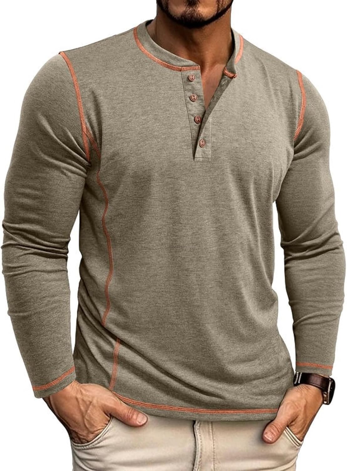 Men's Long Sleeve T-Shirt Long Cotton Henley Turtleneck Casual T-Shirt M-2XL