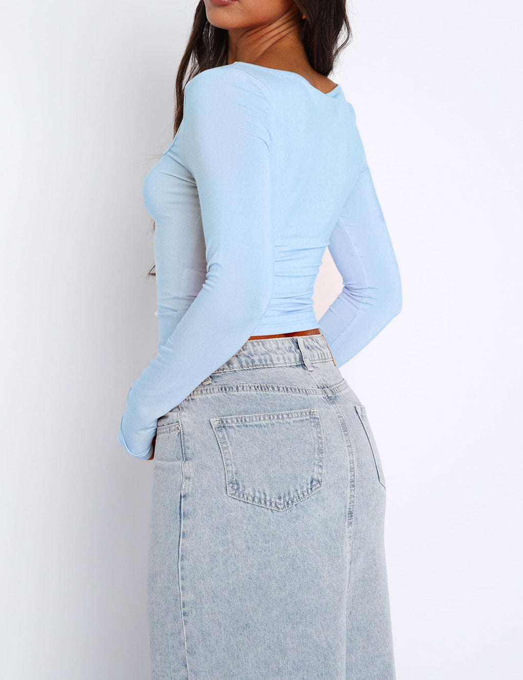 Women's Long Sleeve Going Out Crop Top Sexy Pleated Trendy Shirt Sweetheart Neck Y2K Ruched Cropped Tops