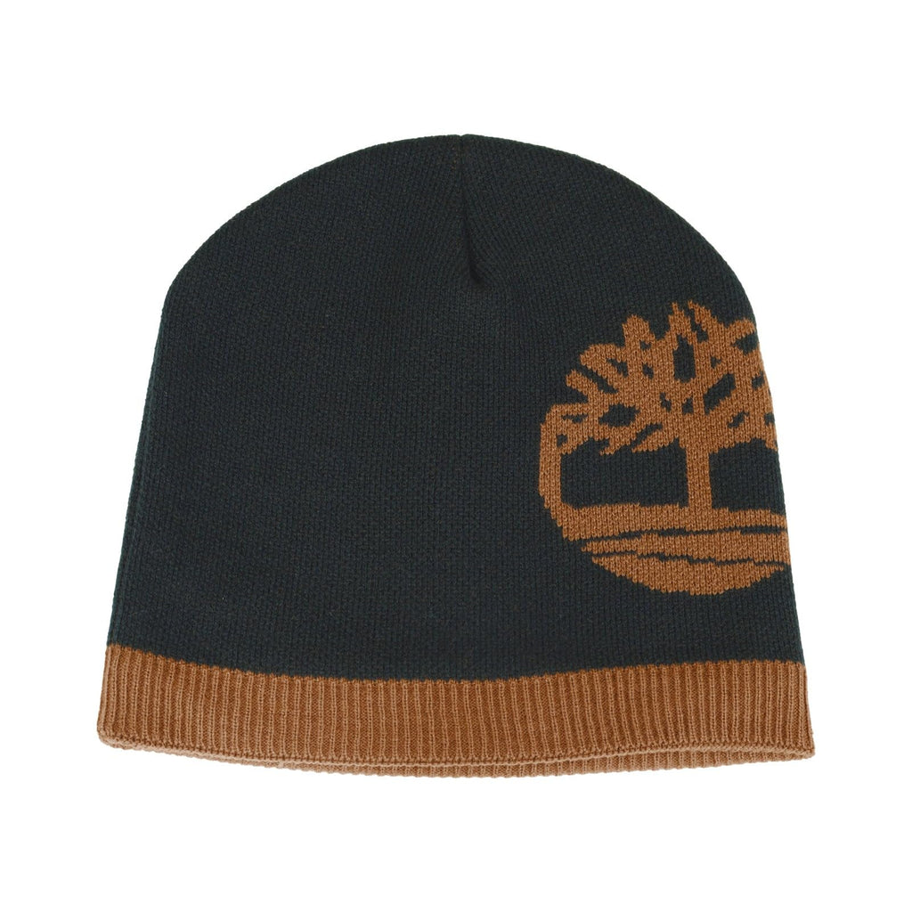 Timberland Men’s Logo Pull-On Beanie - Soft Ribbed Knit Winter Hat, Jacquard Tree Design, Warm Stretch Fit for Cold Weather