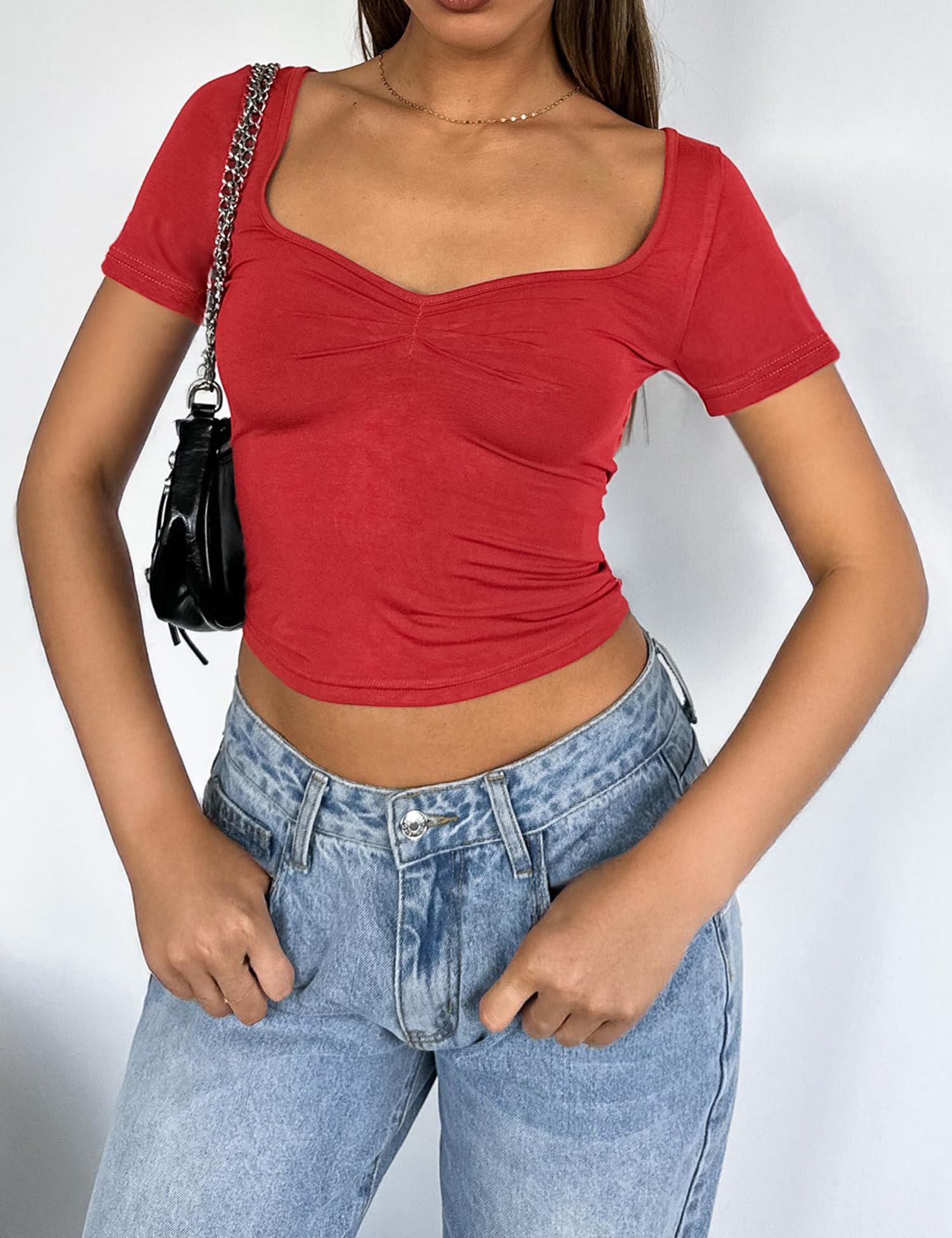 Women's Short Sleeve Going Out Crop Top Sexy Pleated Cute Shirt Sweetheart Neck Y2K Ruched Cropped Tops