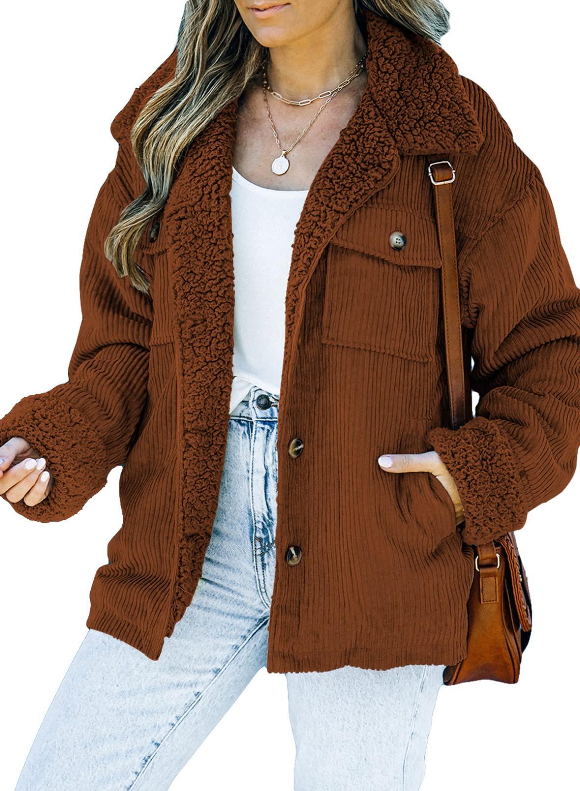 Dokotoo Corduroy Sherpa Jacket for Women Button Down Fleece Fur Collar Winter Warm Coat