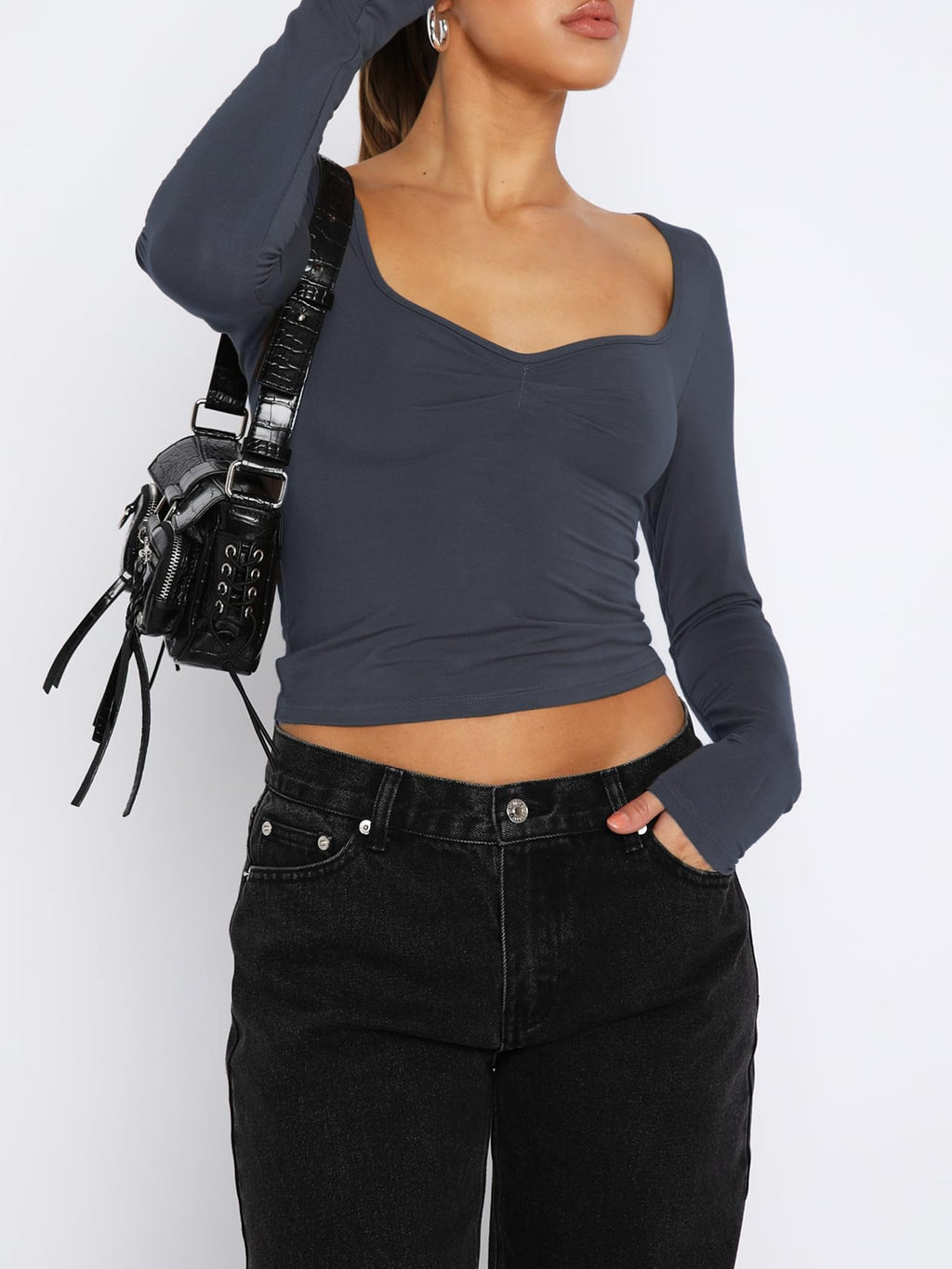 Women's Long Sleeve Going Out Crop Top Sexy Pleated Trendy Shirt Sweetheart Neck Y2K Ruched Cropped Tops