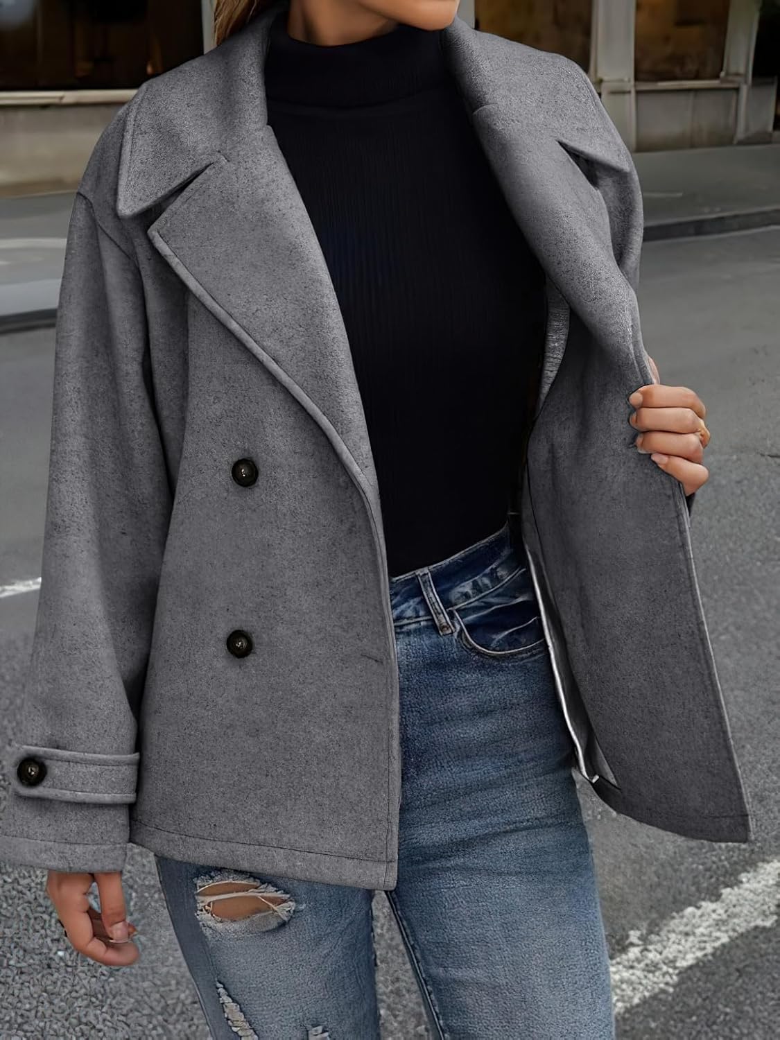 CHOUYATOU Women's Winter Loose Fit Cropped Wool Coat Double Breasted Dressy Short Blazer Jacket Peacoat