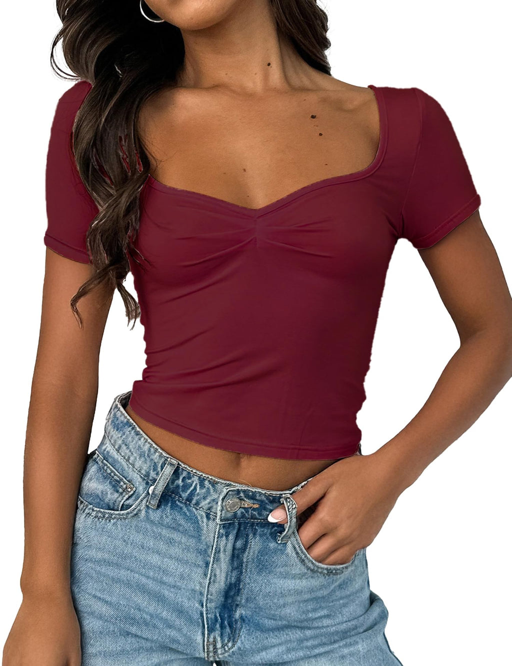Women's Short Sleeve Going Out Crop Top Sexy Pleated Cute Shirt Sweetheart Neck Y2K Ruched Cropped Tops