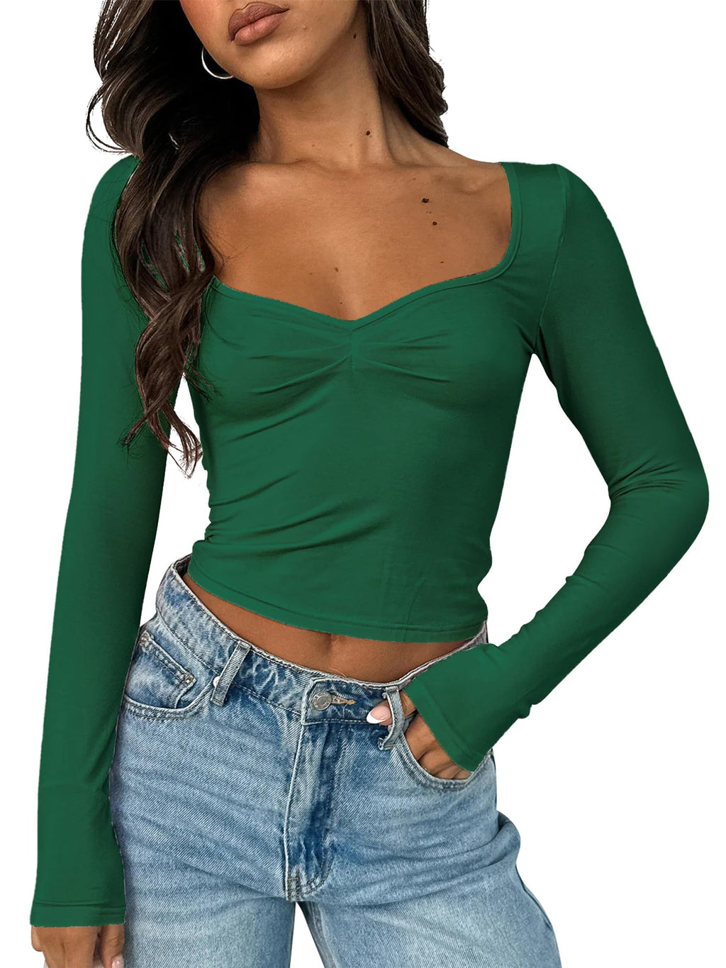 Women's Long Sleeve Going Out Crop Top Sexy Pleated Trendy Shirt Sweetheart Neck Y2K Ruched Cropped Tops