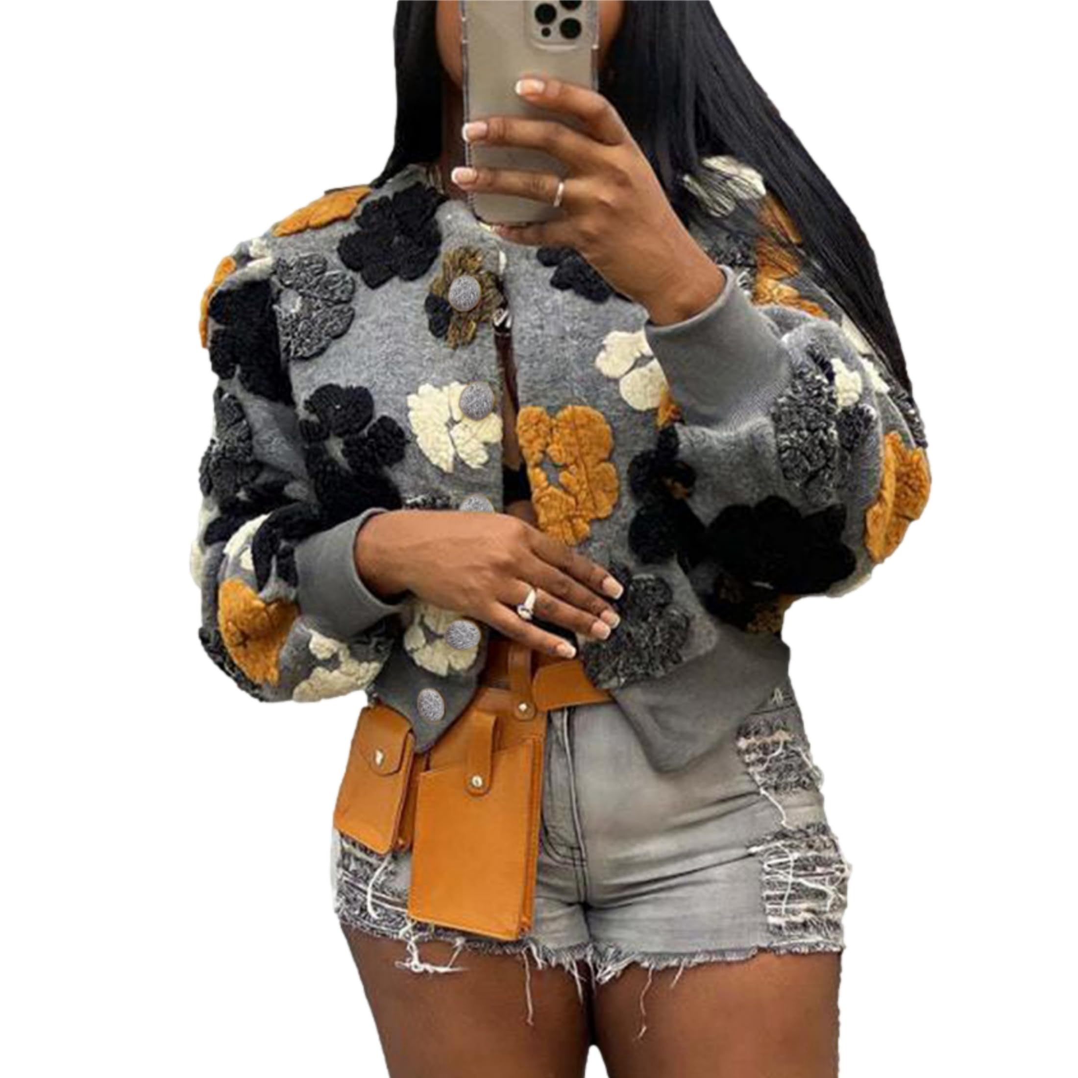OPCAKM Women's Cropped Floral Print Shacket Jackets Round Neck Long Sleeve Bomber Coat Outerwears