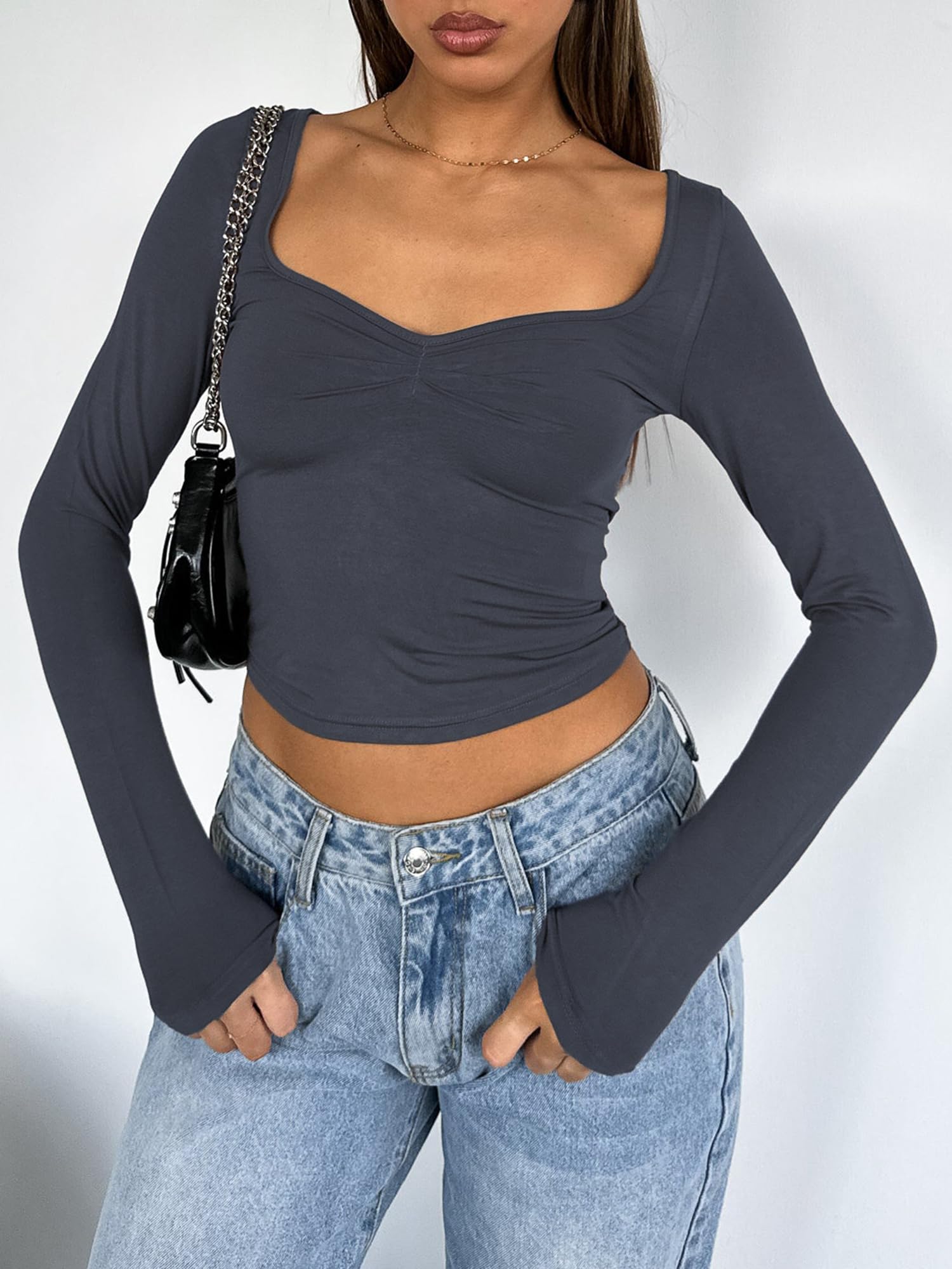 Women's Long Sleeve Going Out Crop Top Sexy Pleated Trendy Shirt Sweetheart Neck Y2K Ruched Cropped Tops