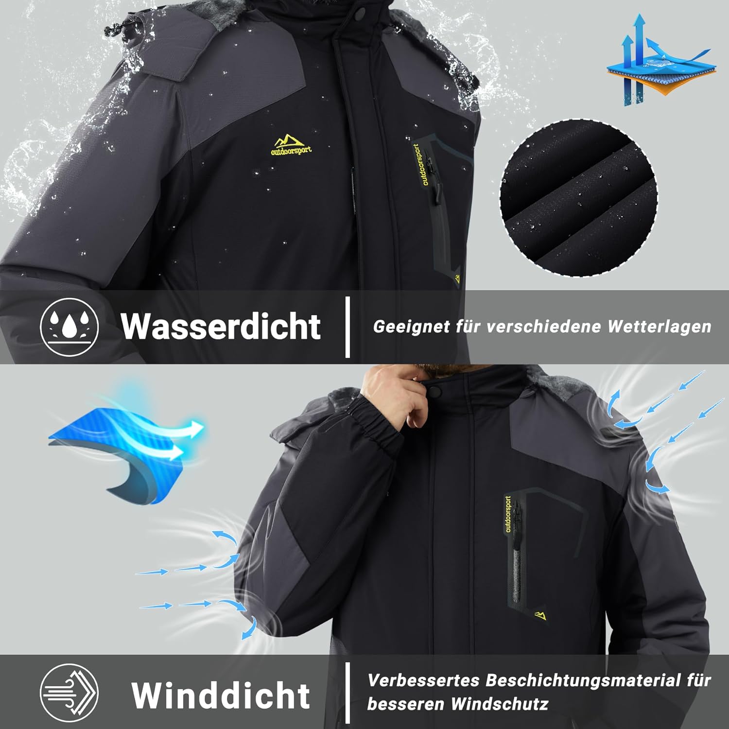 KEFITEVD Men's Ski Jacket, Breathable Warm Lined Winter Jacket with Removable Hood, Snowboard Jacket, Waterproof Outdoor Jacket