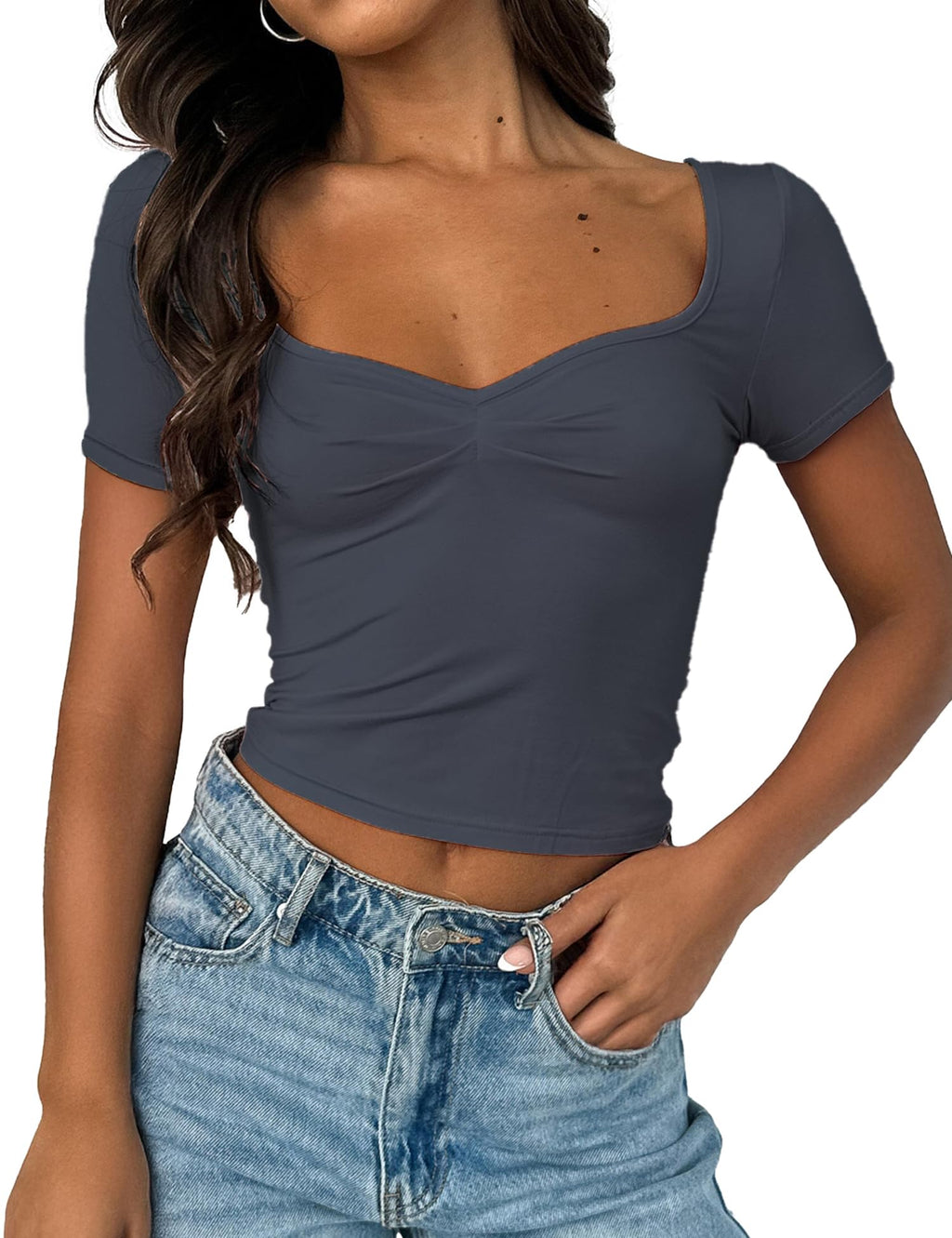 Women's Short Sleeve Going Out Crop Top Sexy Pleated Cute Shirt Sweetheart Neck Y2K Ruched Cropped Tops