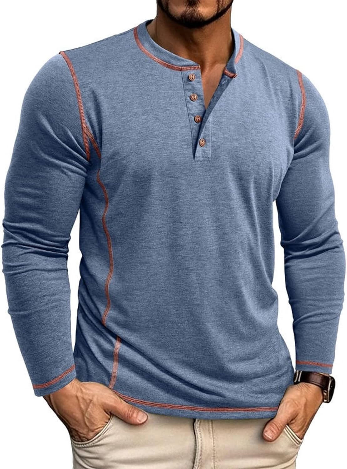 Men's Long Sleeve T-Shirt Long Cotton Henley Turtleneck Casual T-Shirt M-2XL