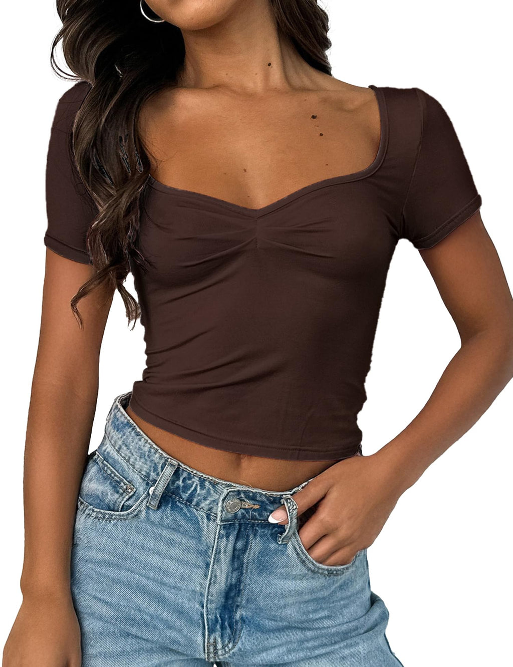 Women's Short Sleeve Going Out Crop Top Sexy Pleated Cute Shirt Sweetheart Neck Y2K Ruched Cropped Tops