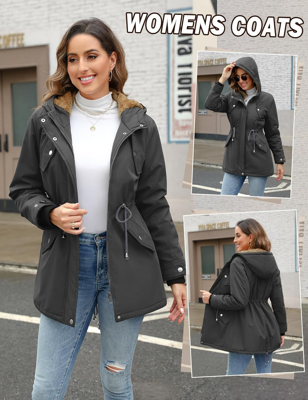 CMTOP Women Winter Jackets UK Thick Fleece Lined Ladies Coats Warm Fuzzy Waterproof Coat Padded Windproof Ladies Coats Thermal Outdoor Parka Jacket Hooded Outwear with Pockets