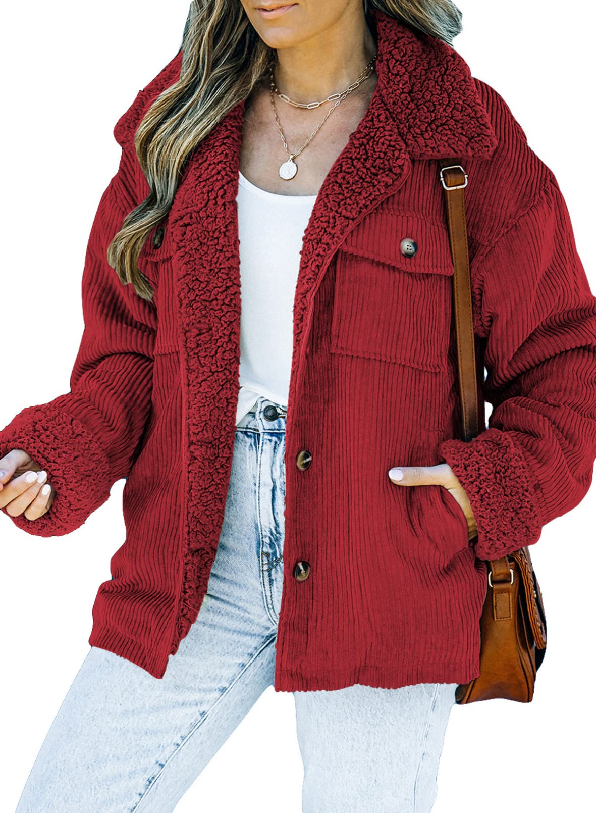Dokotoo Corduroy Sherpa Jacket for Women Button Down Fleece Fur Collar Winter Warm Coat