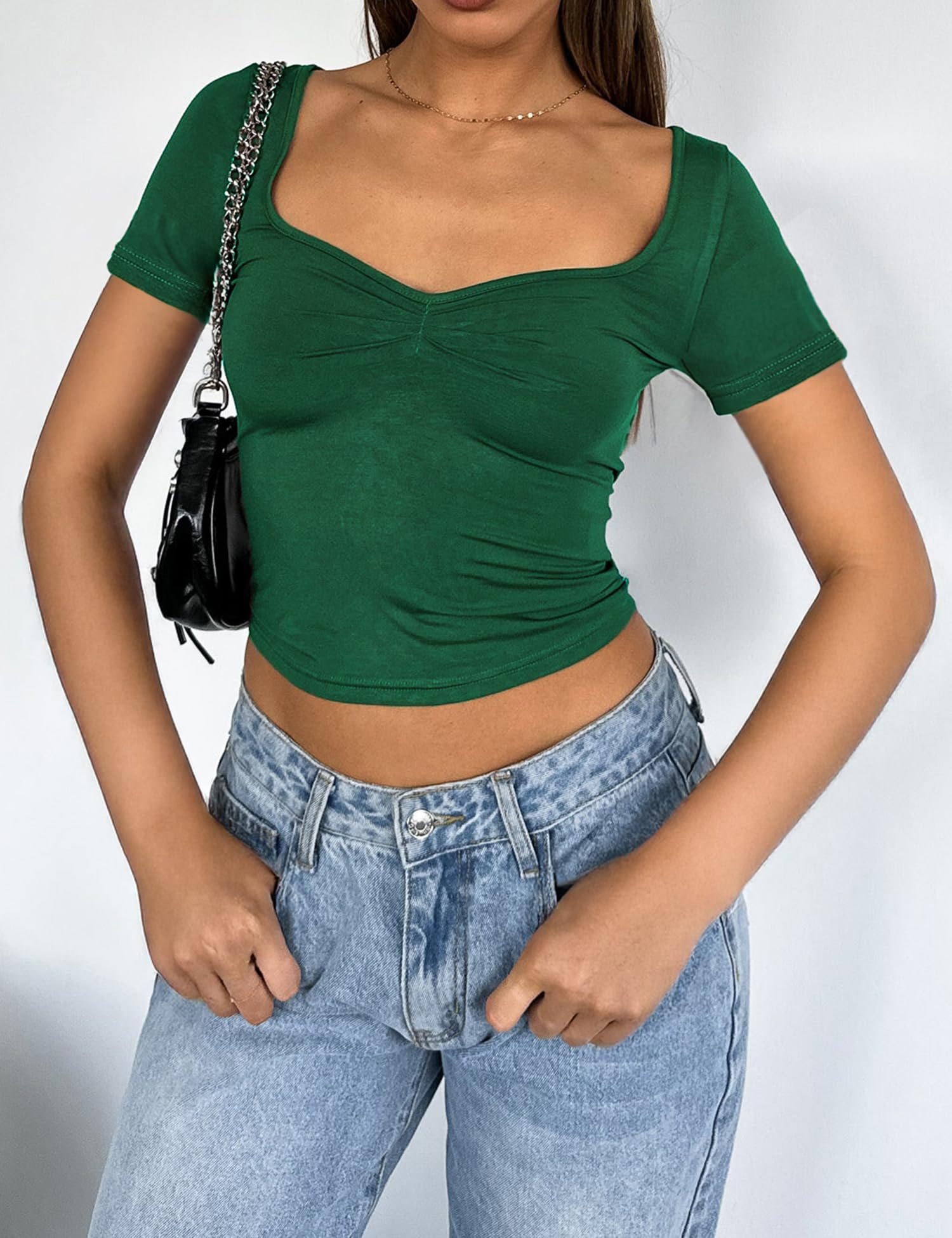 Women's Short Sleeve Going Out Crop Top Sexy Pleated Cute Shirt Sweetheart Neck Y2K Ruched Cropped Tops