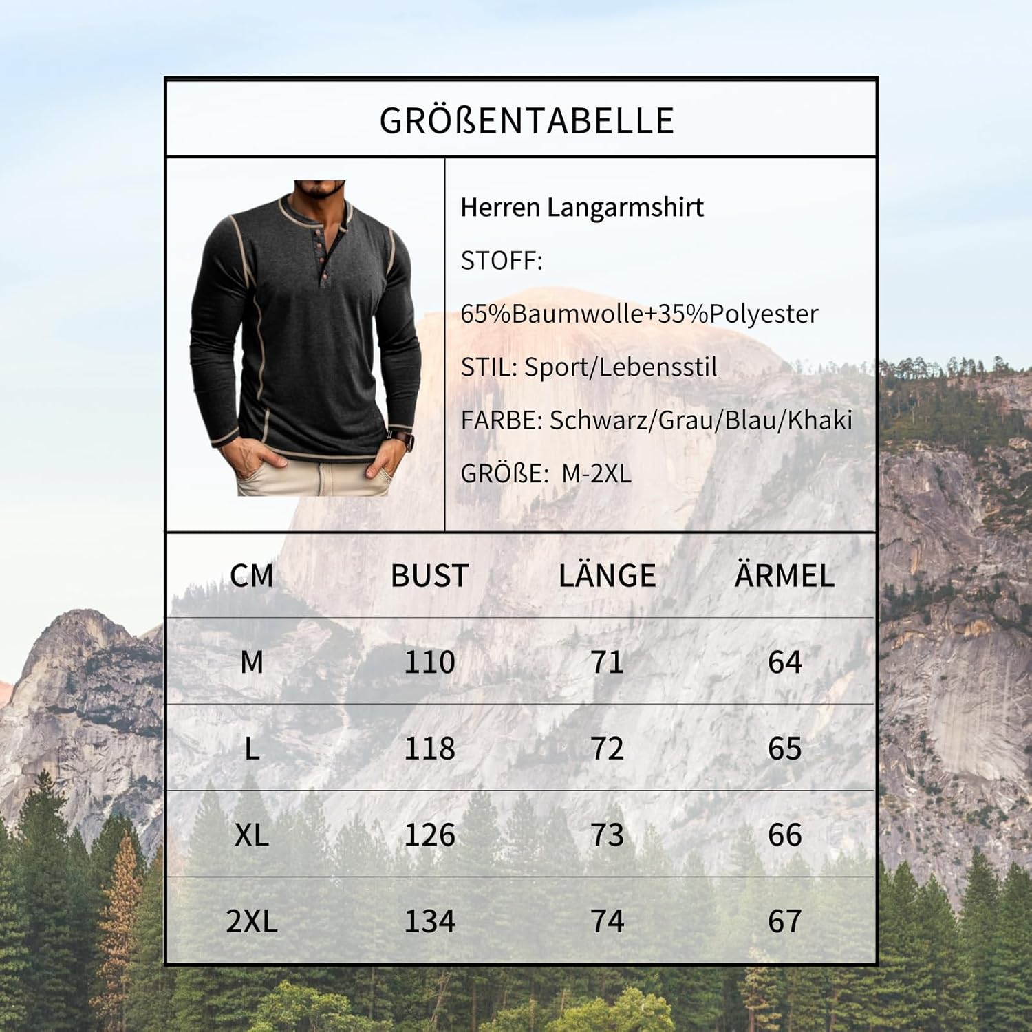 Men's Long Sleeve T-Shirt Long Cotton Henley Turtleneck Casual T-Shirt M-2XL