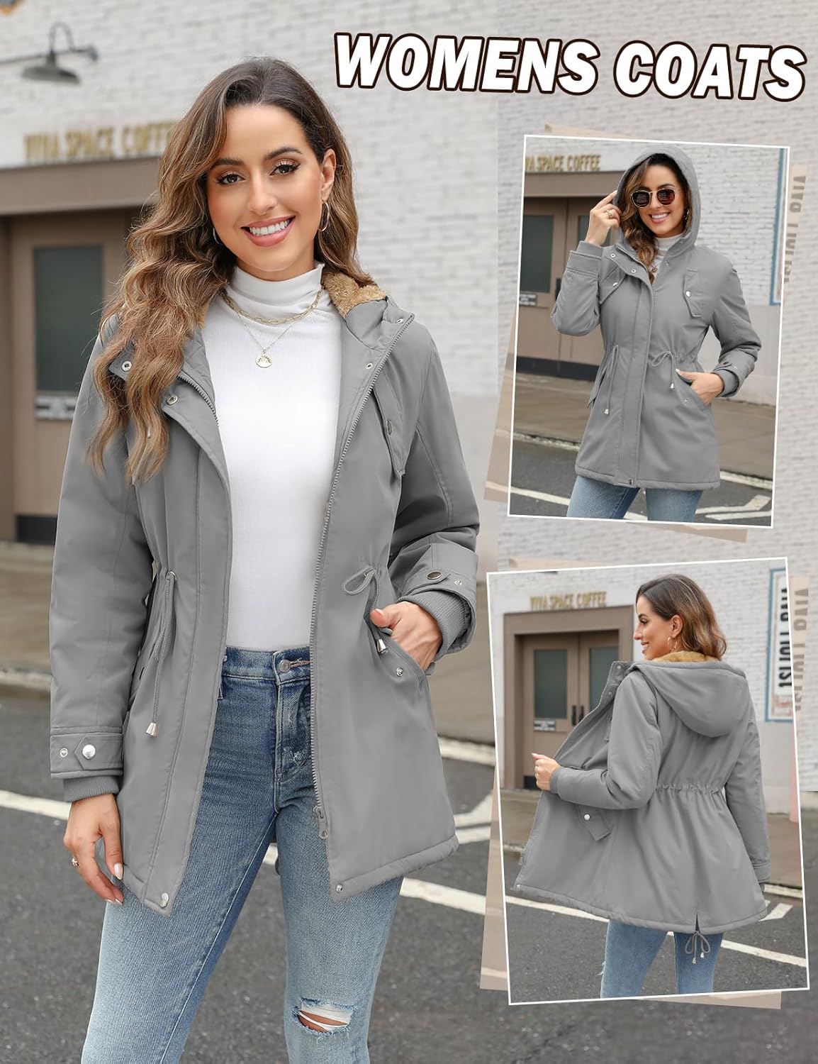 CMTOP Women Winter Jackets UK Thick Fleece Lined Ladies Coats Warm Fuzzy Waterproof Coat Padded Windproof Ladies Coats Thermal Outdoor Parka Jacket Hooded Outwear with Pockets