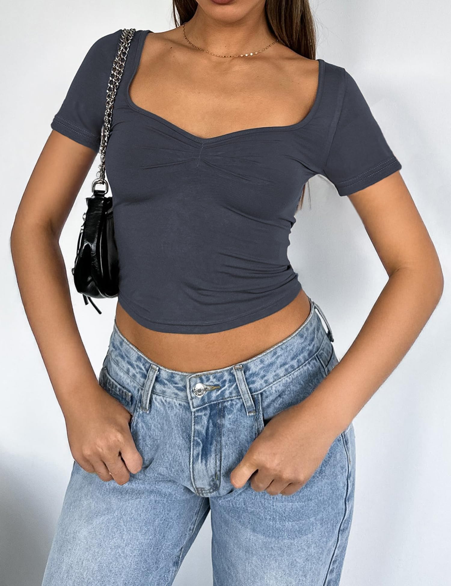 Women's Short Sleeve Going Out Crop Top Sexy Pleated Cute Shirt Sweetheart Neck Y2K Ruched Cropped Tops