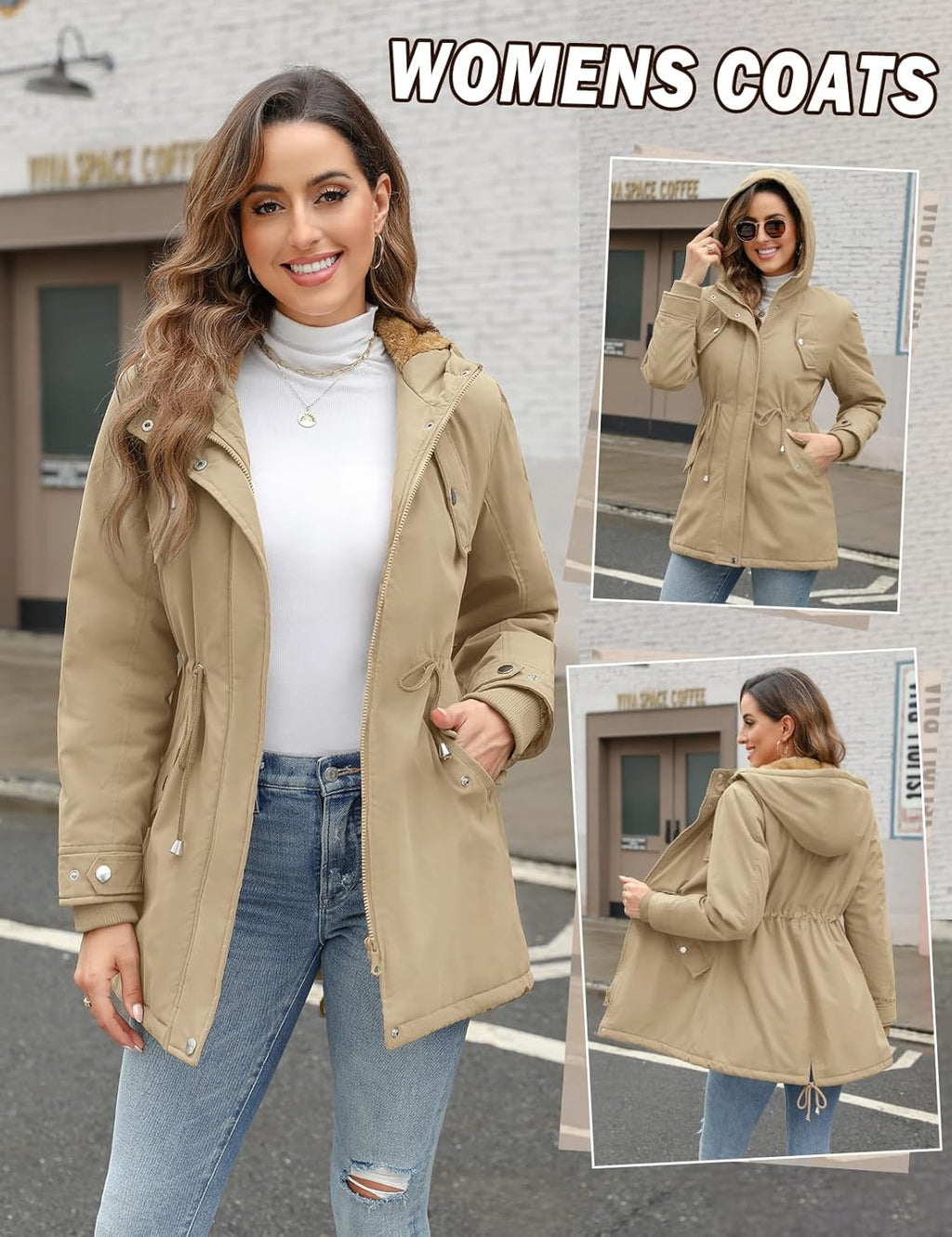 CMTOP Women Winter Jackets UK Thick Fleece Lined Ladies Coats Warm Fuzzy Waterproof Coat Padded Windproof Ladies Coats Thermal Outdoor Parka Jacket Hooded Outwear with Pockets