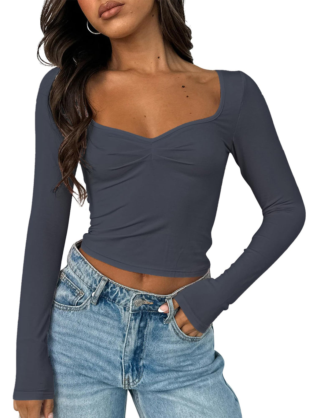 Women's Long Sleeve Going Out Crop Top Sexy Pleated Trendy Shirt Sweetheart Neck Y2K Ruched Cropped Tops