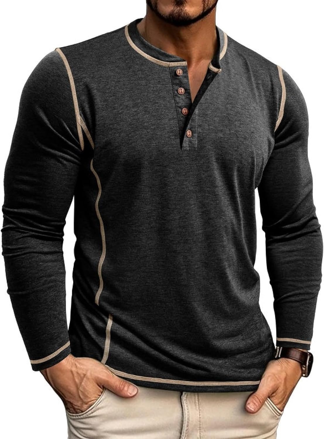 Men's Long Sleeve T-Shirt Long Cotton Henley Turtleneck Casual T-Shirt M-2XL