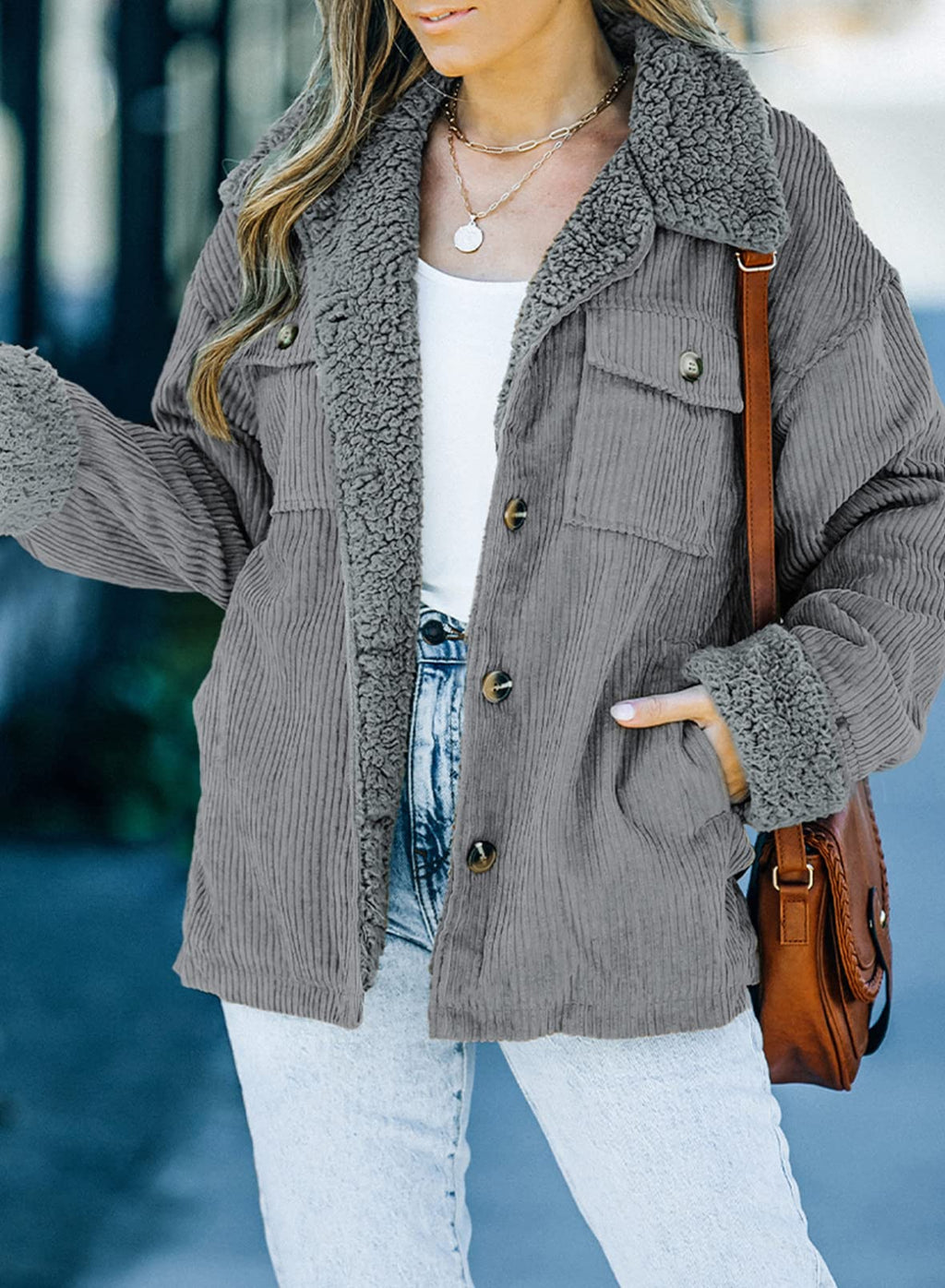 Dokotoo Corduroy Sherpa Jacket for Women Button Down Fleece Fur Collar Winter Warm Coat
