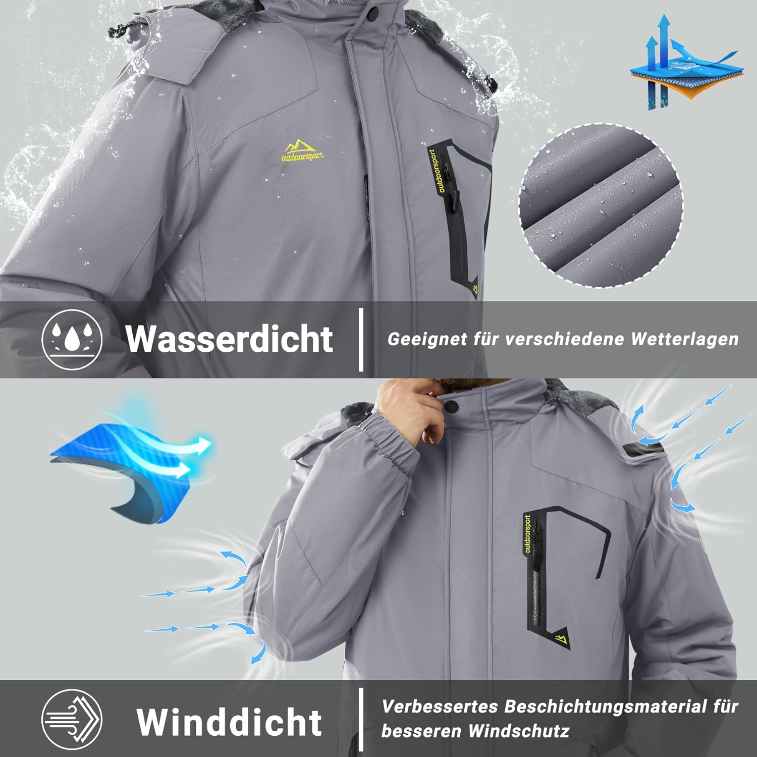 KEFITEVD Men's Ski Jacket, Breathable Warm Lined Winter Jacket with Removable Hood, Snowboard Jacket, Waterproof Outdoor Jacket