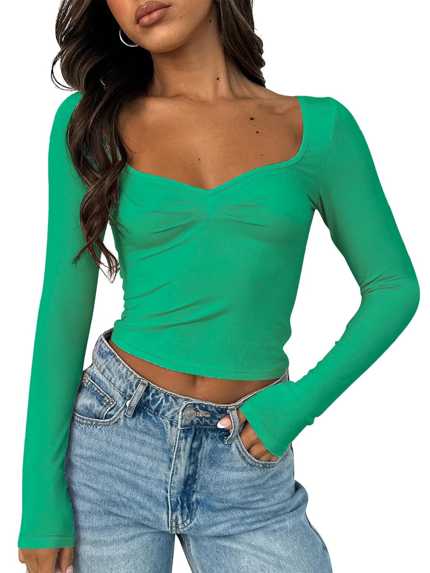 Women's Long Sleeve Going Out Crop Top Sexy Pleated Trendy Shirt Sweetheart Neck Y2K Ruched Cropped Tops