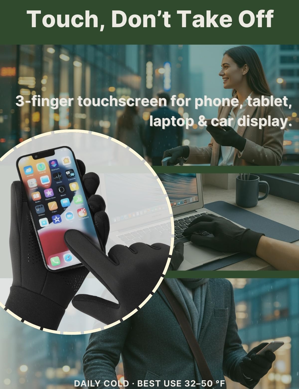 Winter Gloves Women Men Cold Weather Touch Screen 3-Layers Liner Glove for Running, Cycling, Biking, Hiking, Driving