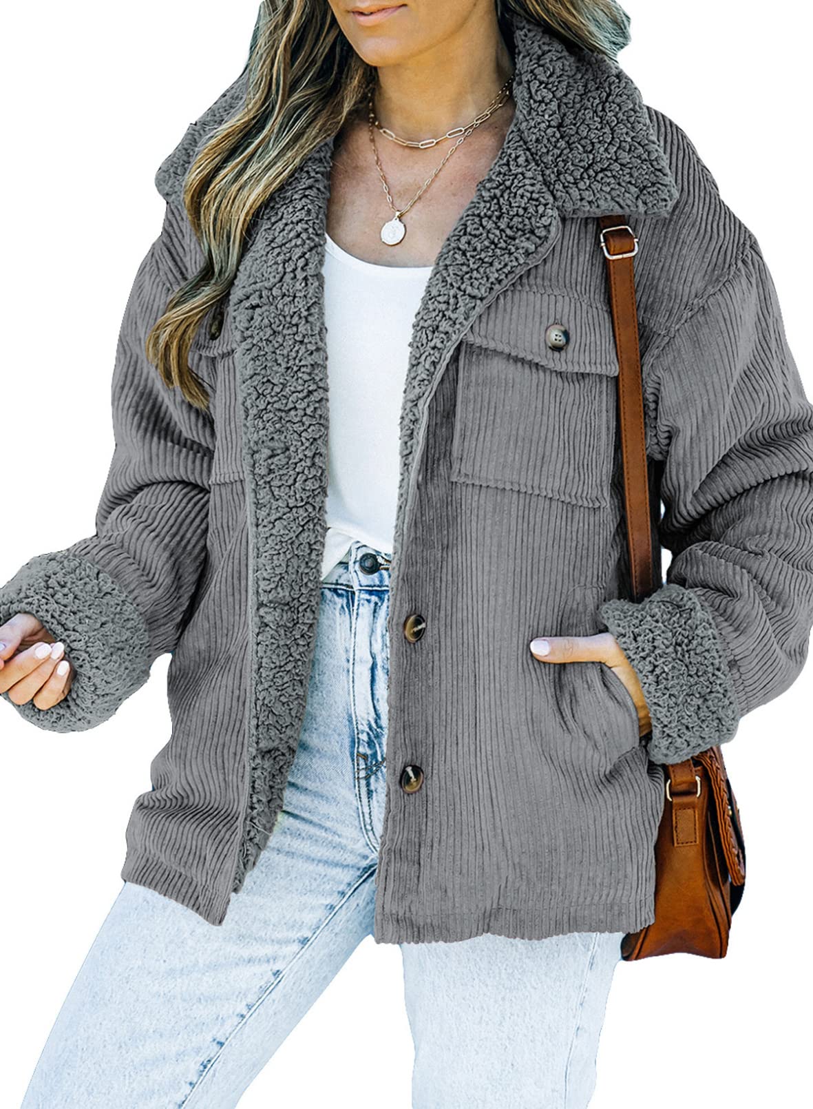 Dokotoo Corduroy Sherpa Jacket for Women Button Down Fleece Fur Collar Winter Warm Coat