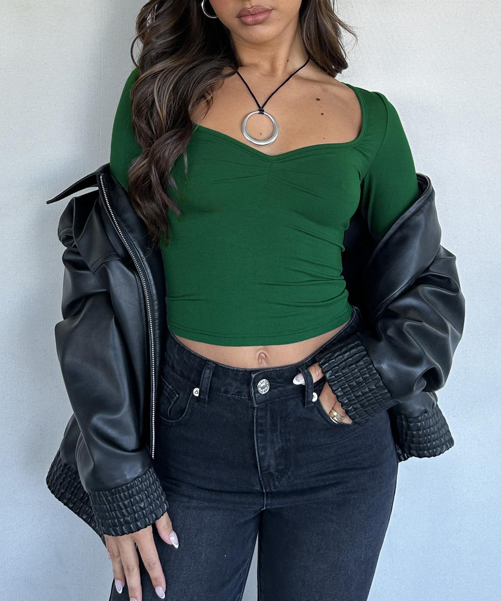 Women's Long Sleeve Going Out Crop Top Sexy Pleated Trendy Shirt Sweetheart Neck Y2K Ruched Cropped Tops