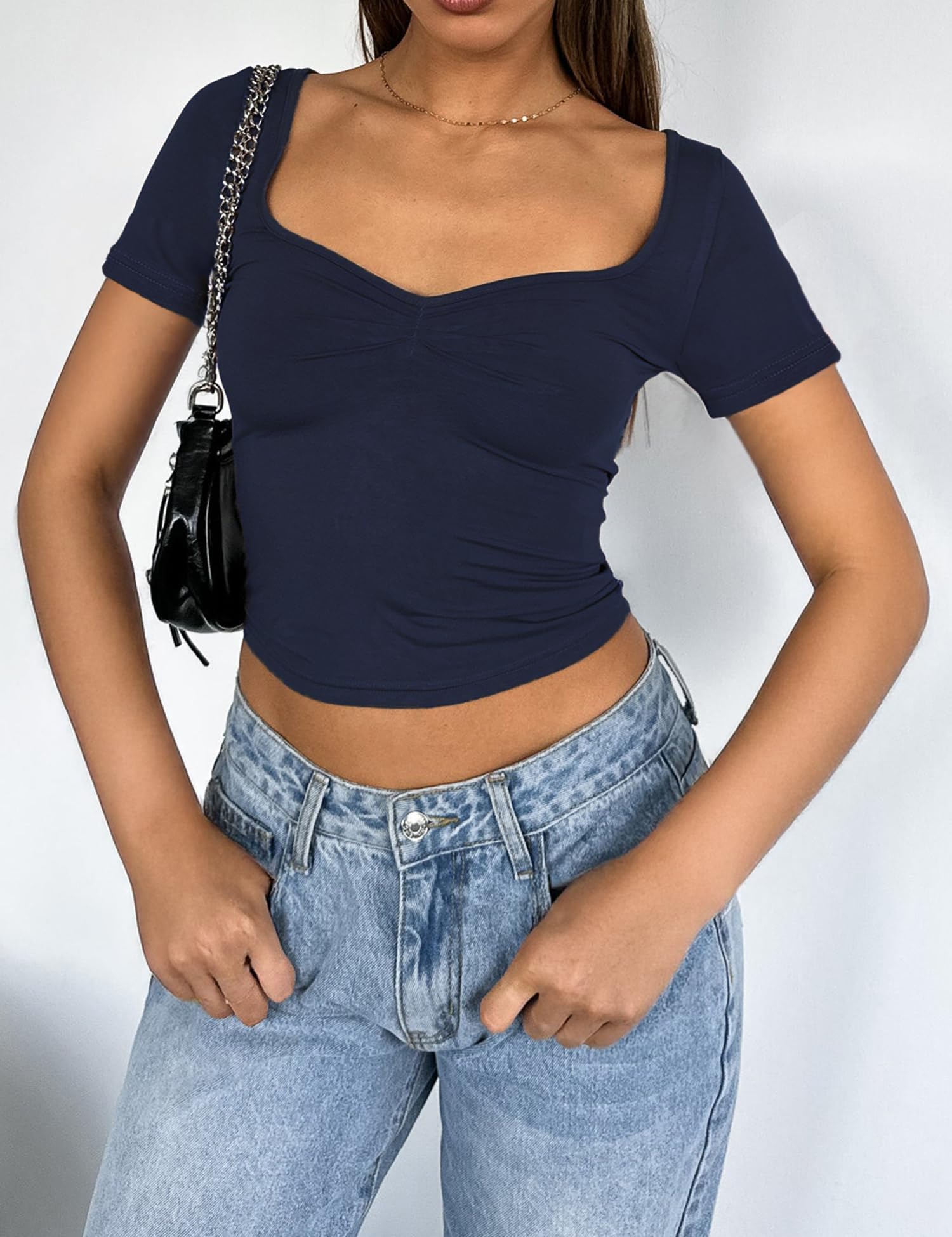 Women's Short Sleeve Going Out Crop Top Sexy Pleated Cute Shirt Sweetheart Neck Y2K Ruched Cropped Tops