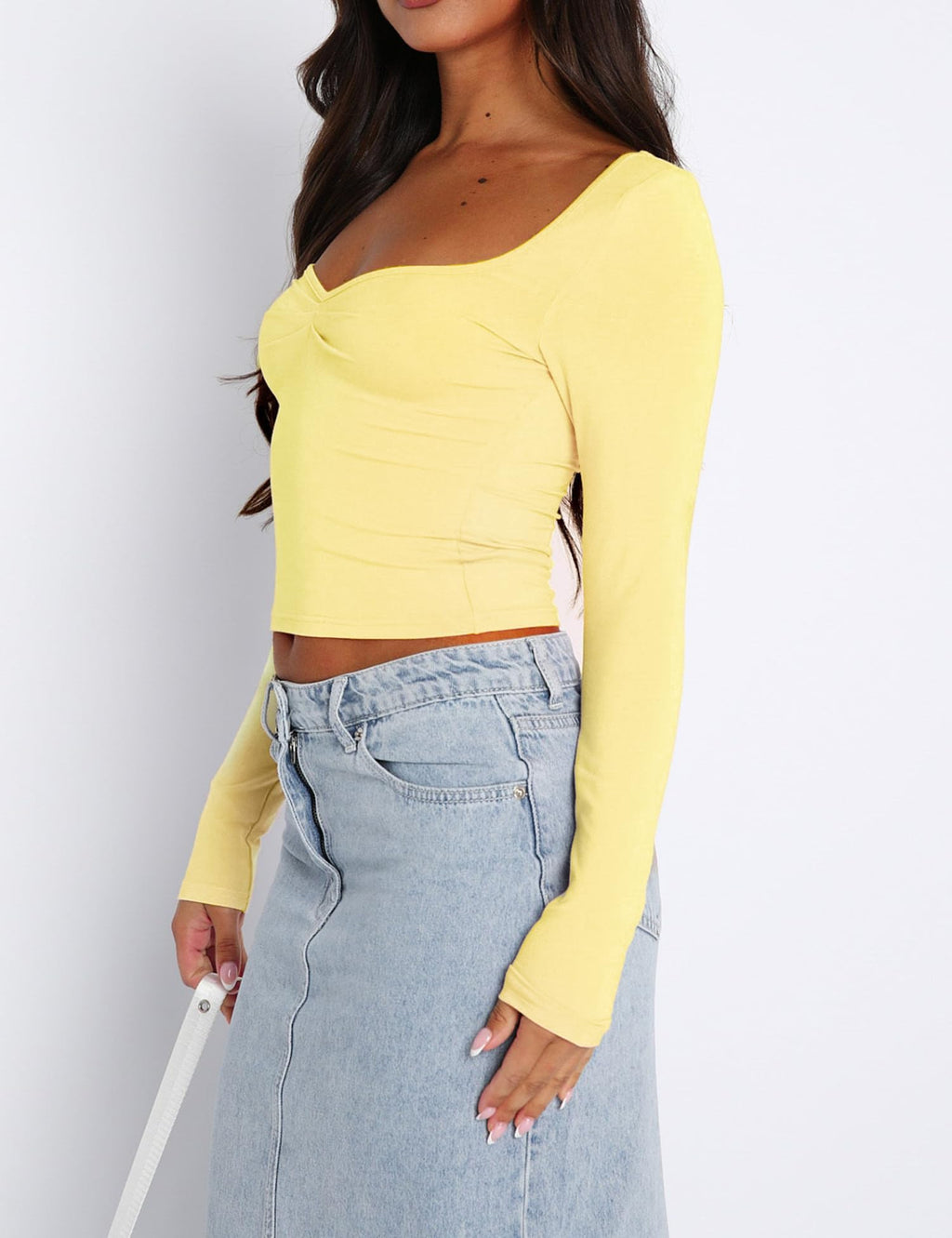 Women's Long Sleeve Going Out Crop Top Sexy Pleated Trendy Shirt Sweetheart Neck Y2K Ruched Cropped Tops