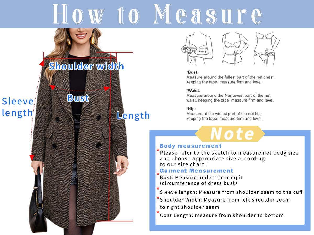 chouyatou Women's Winter Casual Herringbone Wool Coat Double Breasted Notch Collar Dressy Long Trench Coat