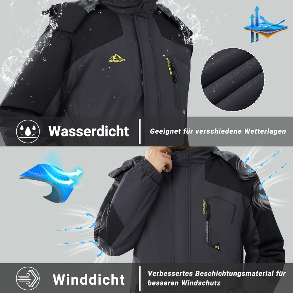KEFITEVD Men's Ski Jacket, Breathable Warm Lined Winter Jacket with Removable Hood, Snowboard Jacket, Waterproof Outdoor Jacket