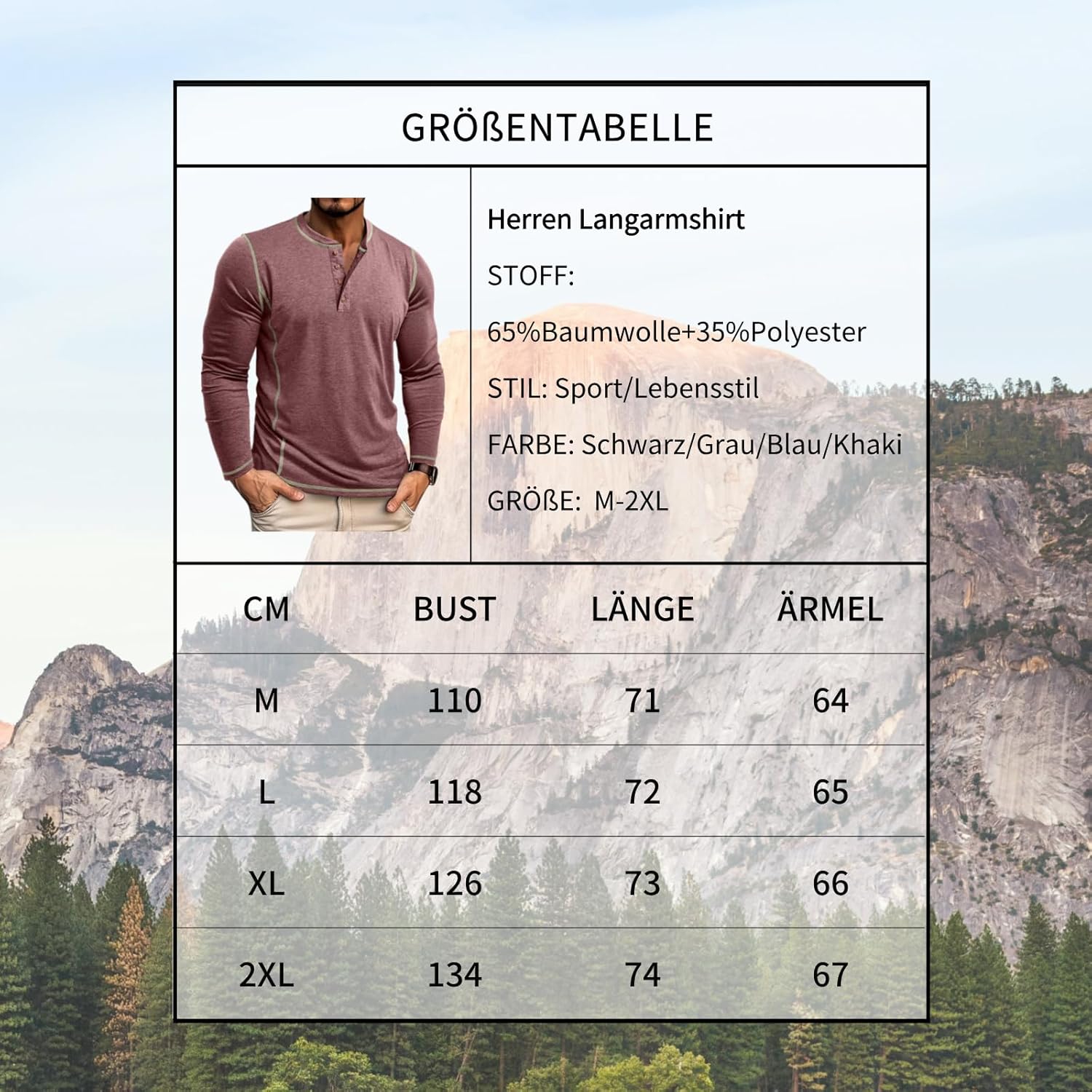 Men's Long Sleeve T-Shirt Long Cotton Henley Turtleneck Casual T-Shirt M-2XL