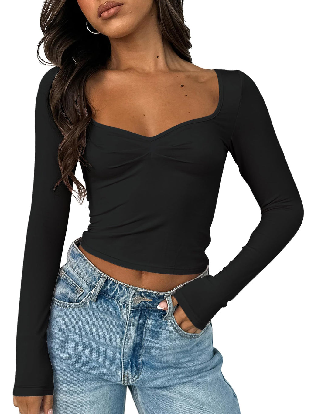 Women's Long Sleeve Going Out Crop Top Sexy Pleated Trendy Shirt Sweetheart Neck Y2K Ruched Cropped Tops
