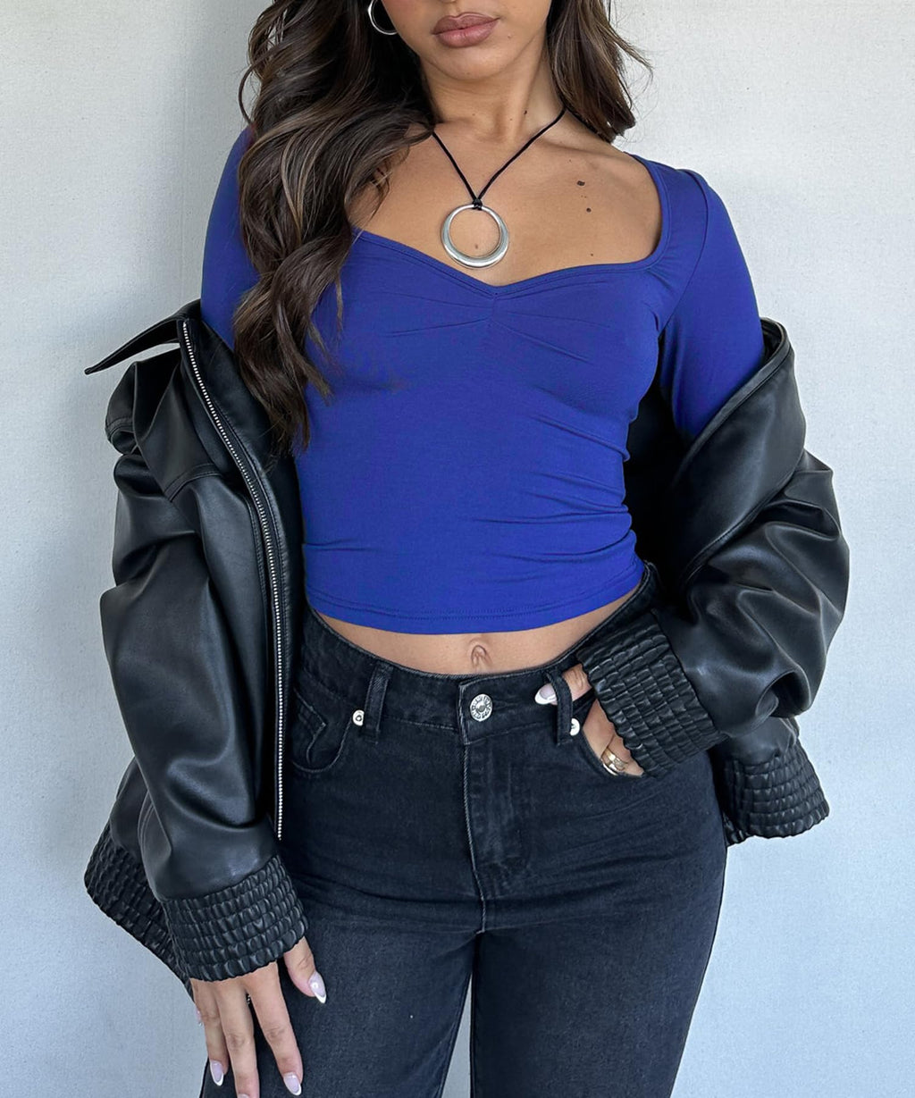 Women's Long Sleeve Going Out Crop Top Sexy Pleated Trendy Shirt Sweetheart Neck Y2K Ruched Cropped Tops