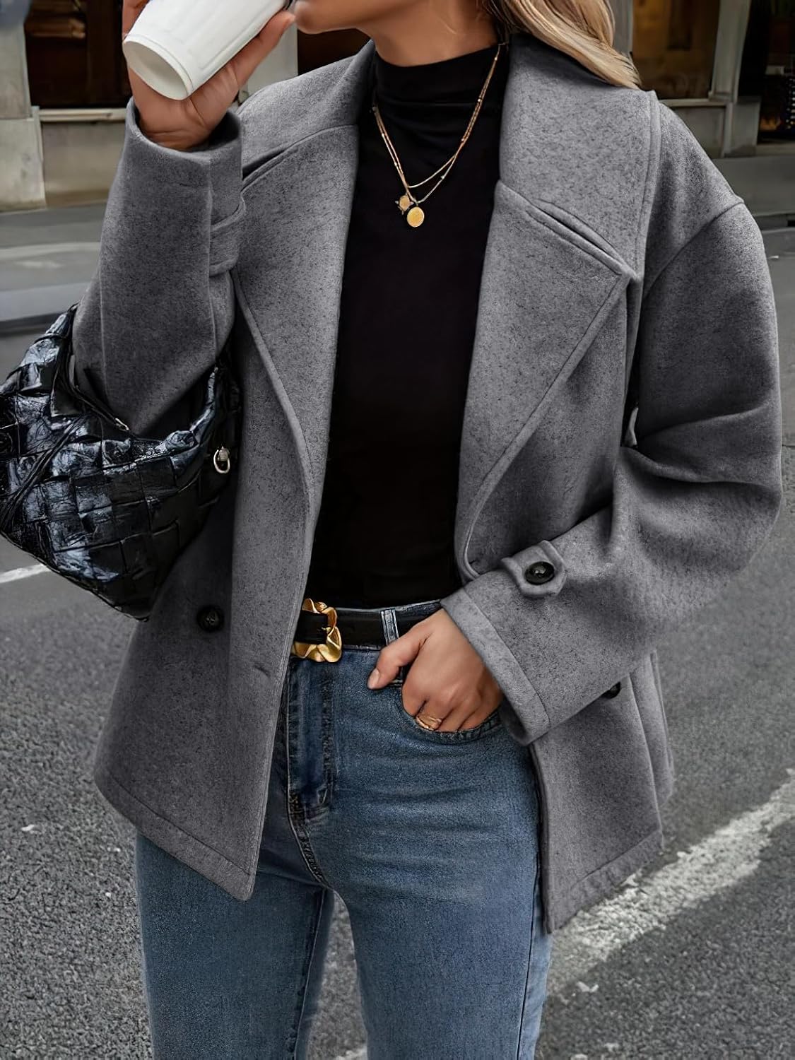 CHOUYATOU Women's Winter Loose Fit Cropped Wool Coat Double Breasted Dressy Short Blazer Jacket Peacoat