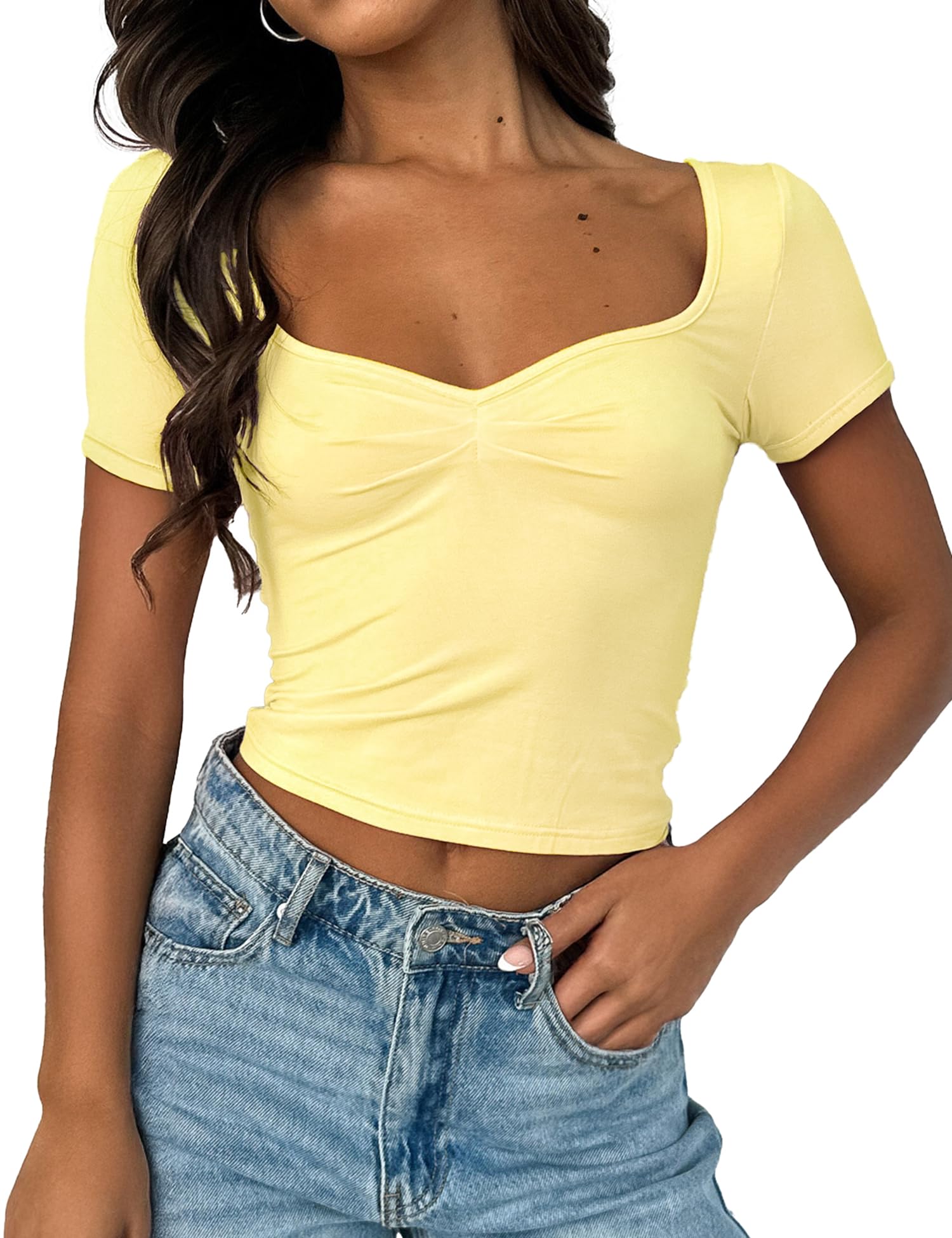 Women's Short Sleeve Going Out Crop Top Sexy Pleated Cute Shirt Sweetheart Neck Y2K Ruched Cropped Tops