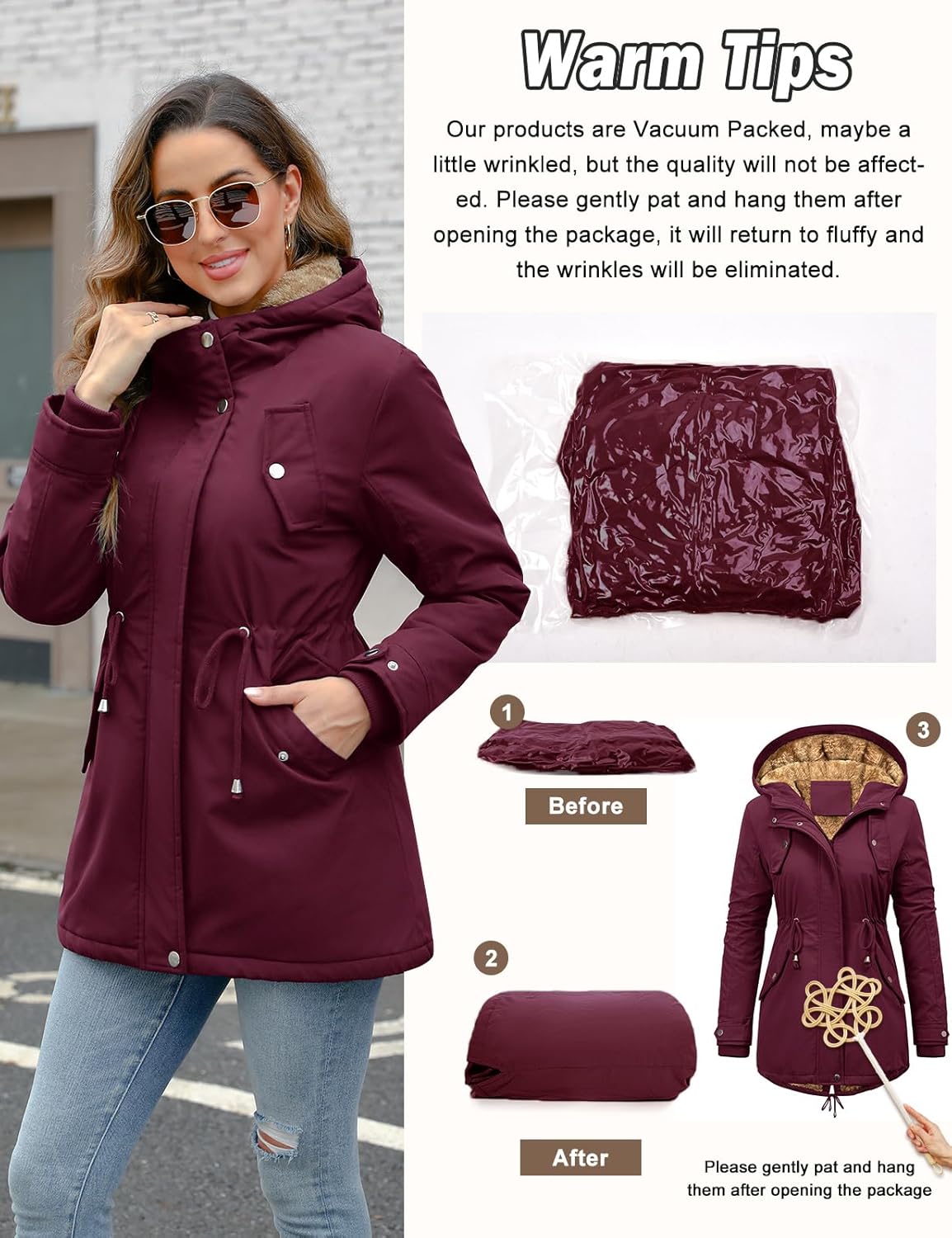 CMTOP Women Winter Jackets UK Thick Fleece Lined Ladies Coats Warm Fuzzy Waterproof Coat Padded Windproof Ladies Coats Thermal Outdoor Parka Jacket Hooded Outwear with Pockets