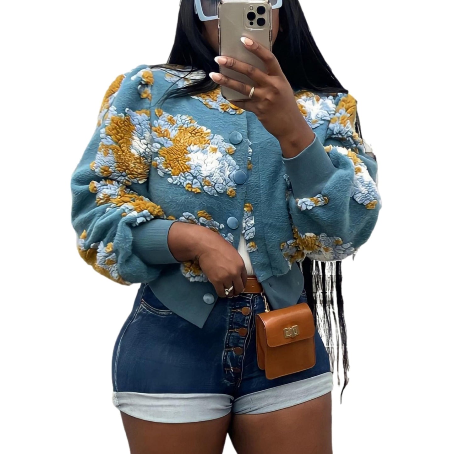 OPCAKM Women's Cropped Floral Print Shacket Jackets Round Neck Long Sleeve Bomber Coat Outerwears