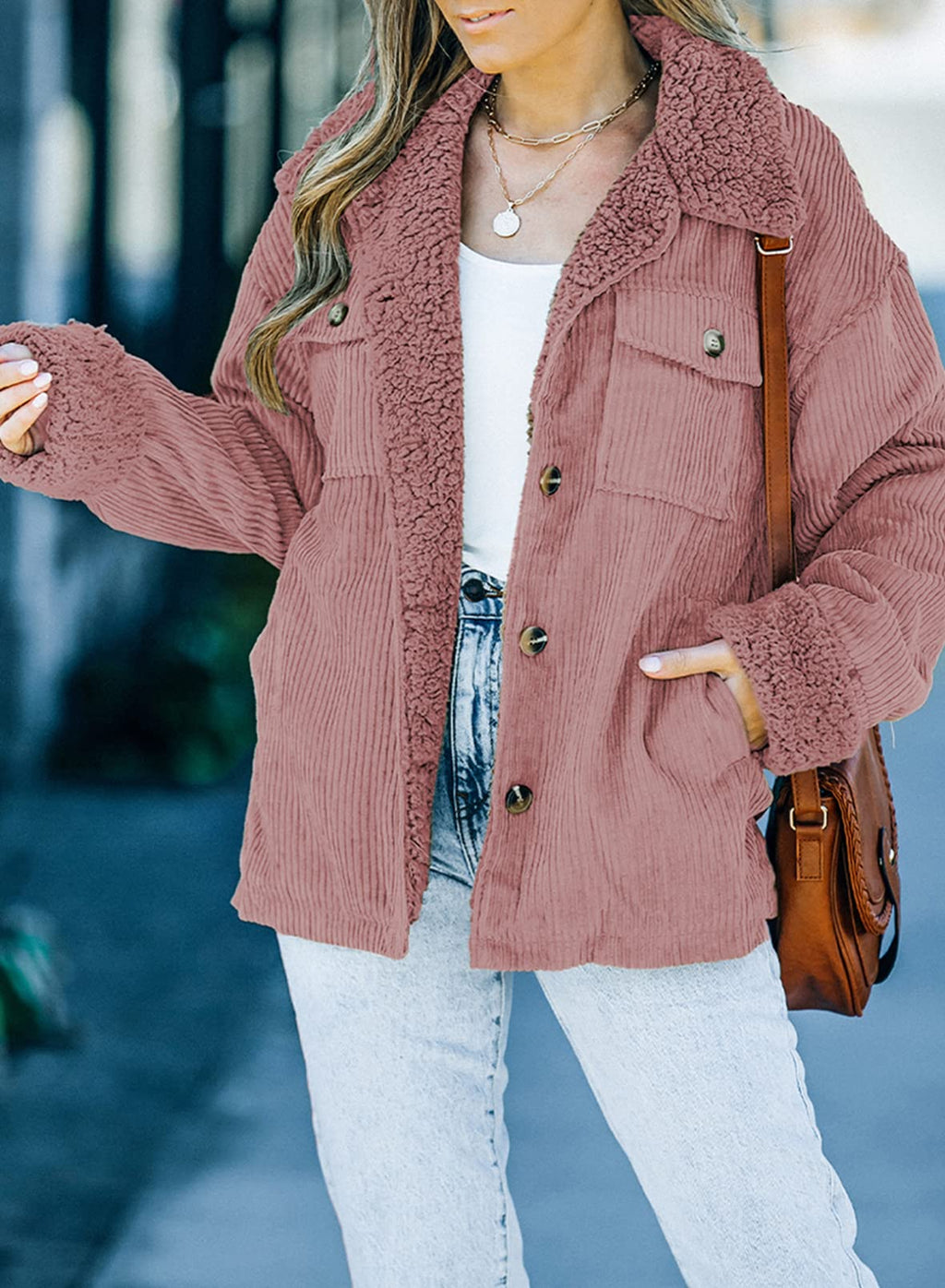 Dokotoo Corduroy Sherpa Jacket for Women Button Down Fleece Fur Collar Winter Warm Coat