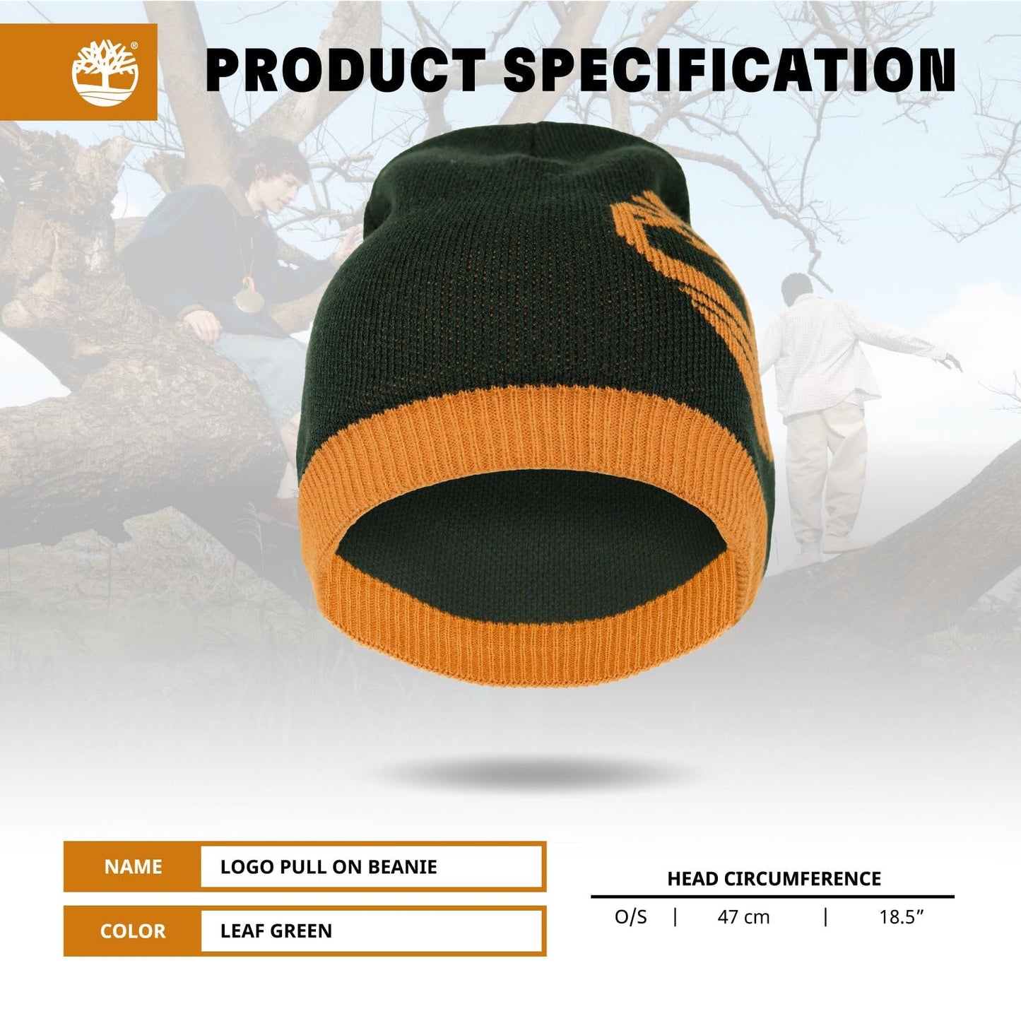 Timberland Men’s Logo Pull-On Beanie - Soft Ribbed Knit Winter Hat, Jacquard Tree Design, Warm Stretch Fit for Cold Weather