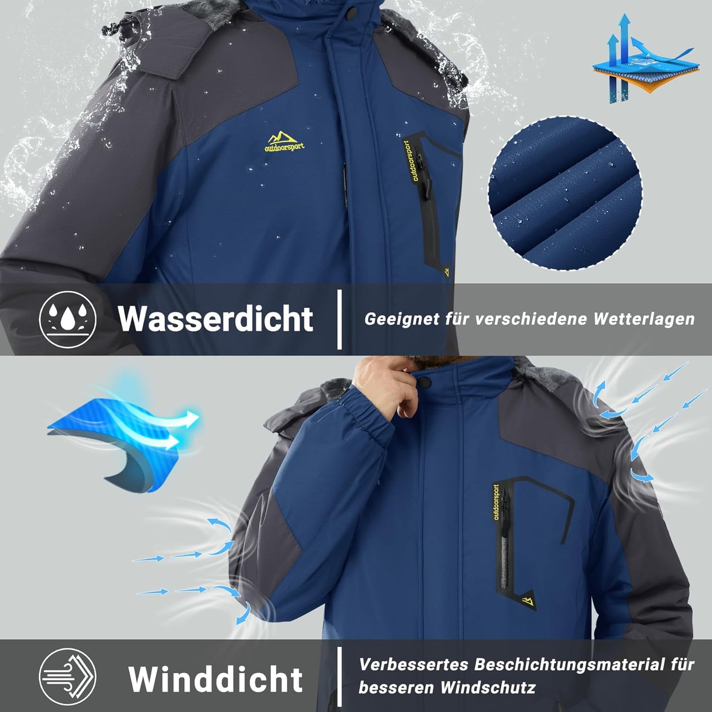 KEFITEVD Men's Ski Jacket, Breathable Warm Lined Winter Jacket with Removable Hood, Snowboard Jacket, Waterproof Outdoor Jacket