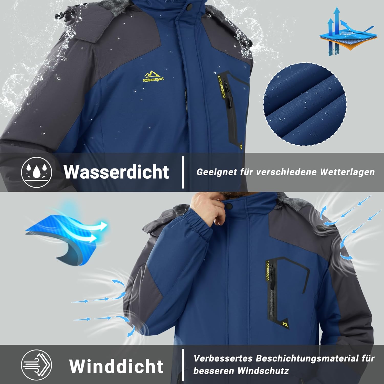 KEFITEVD Men's Ski Jacket, Breathable Warm Lined Winter Jacket with Removable Hood, Snowboard Jacket, Waterproof Outdoor Jacket