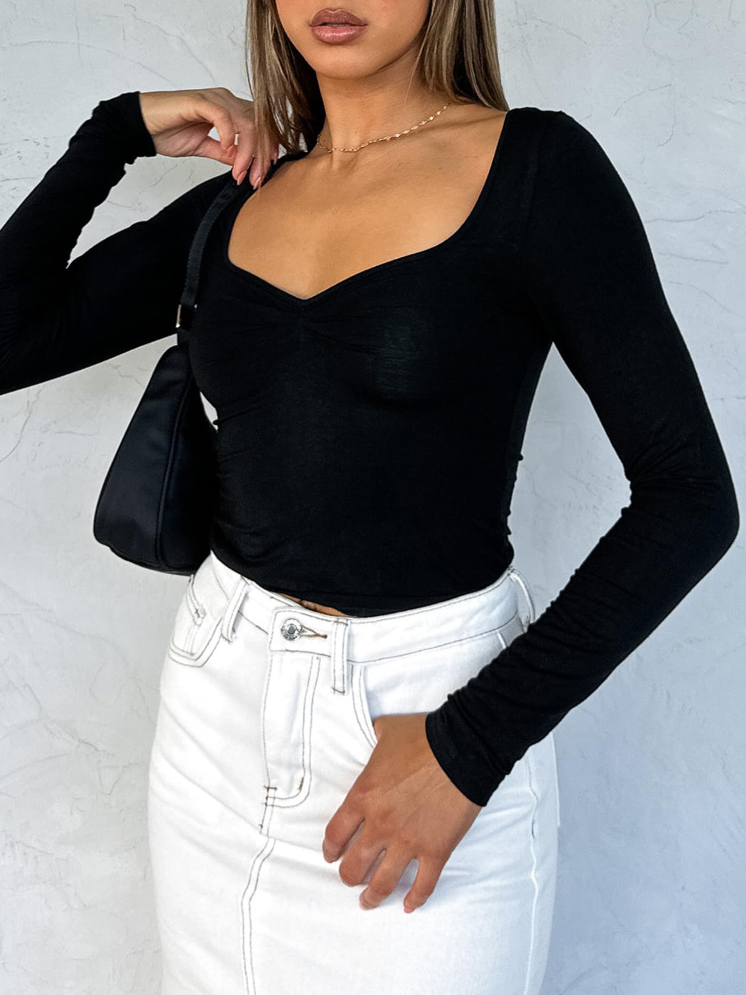 Women's Long Sleeve Going Out Crop Top Sexy Pleated Trendy Shirt Sweetheart Neck Y2K Ruched Cropped Tops