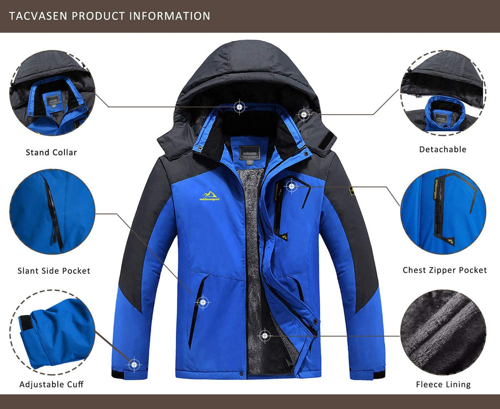 KEFITEVD Men's Ski Jacket, Breathable Warm Lined Winter Jacket with Removable Hood, Snowboard Jacket, Waterproof Outdoor Jacket